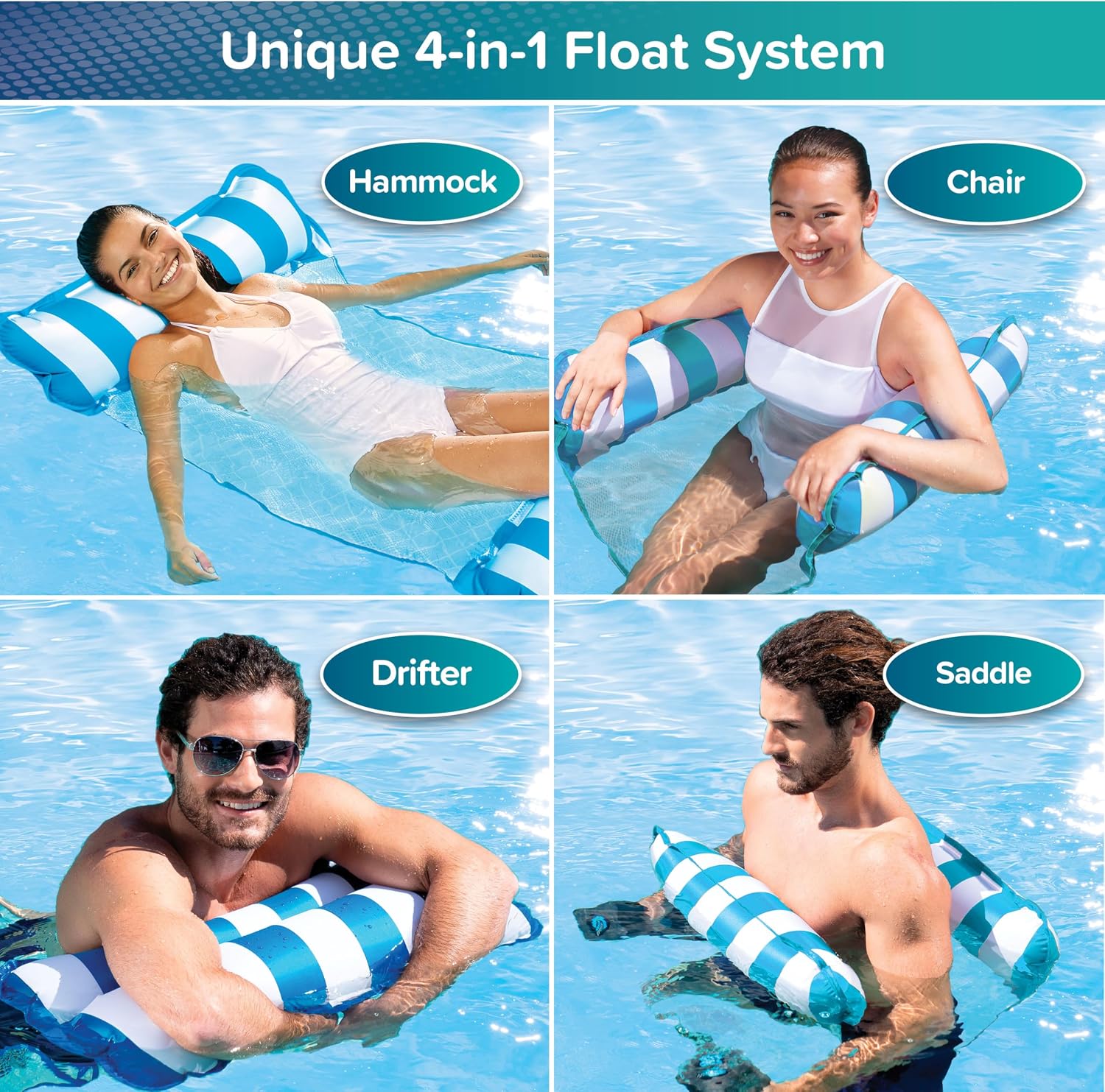 Aqua 4-in-1 Monterey Hammock Pool Float & Water Hammocks – 2-3-4 Multipacks – Multiple Colors/Styles – for Adults and Kids Floating