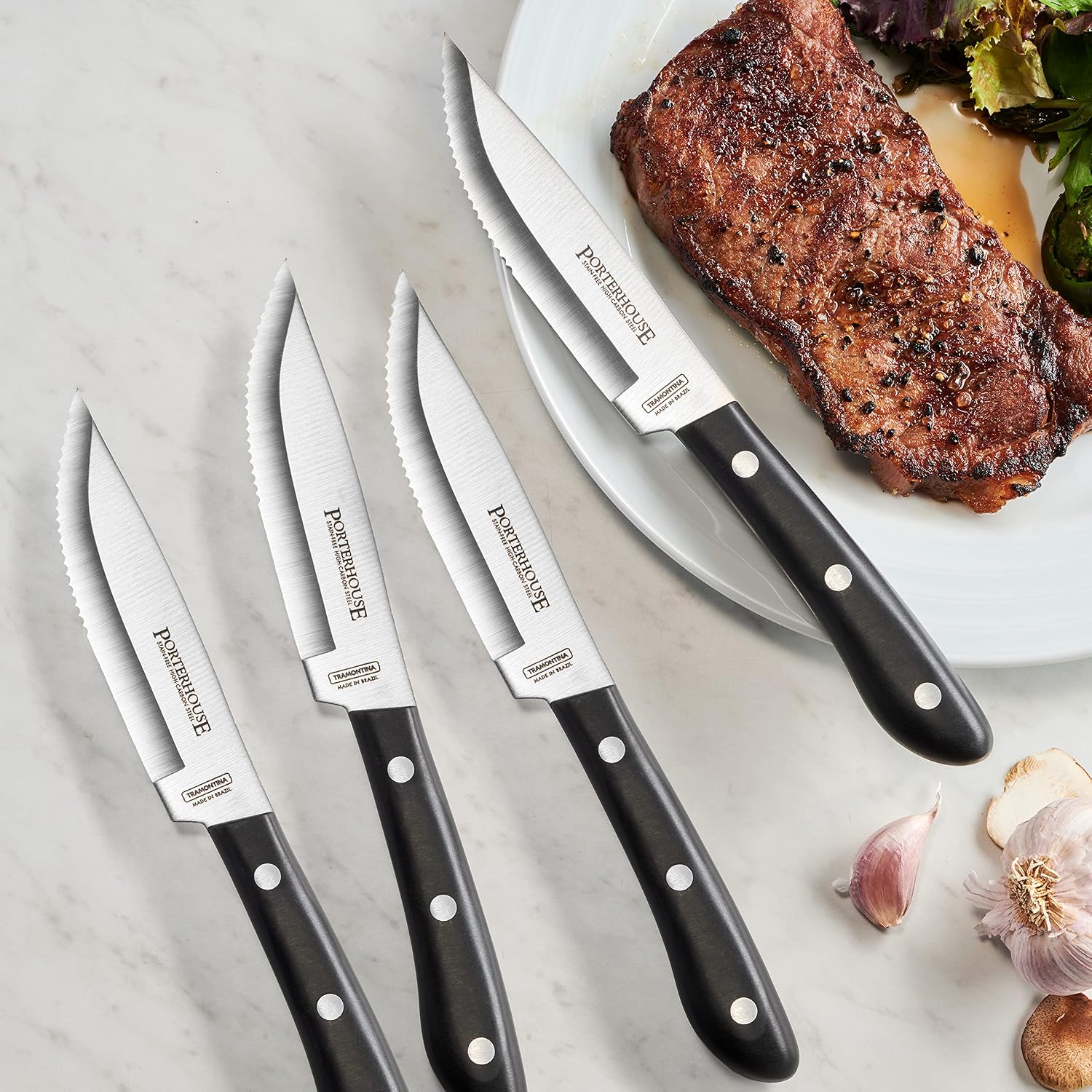 Tramontina Porterhouse 4-Pc Steak Knives | 5-Inch Stainless Steel High-Carbon Serrated Blade, Kitchen Knife Set with Hardwood Block, Full-Tang, Dishwasher-Safe