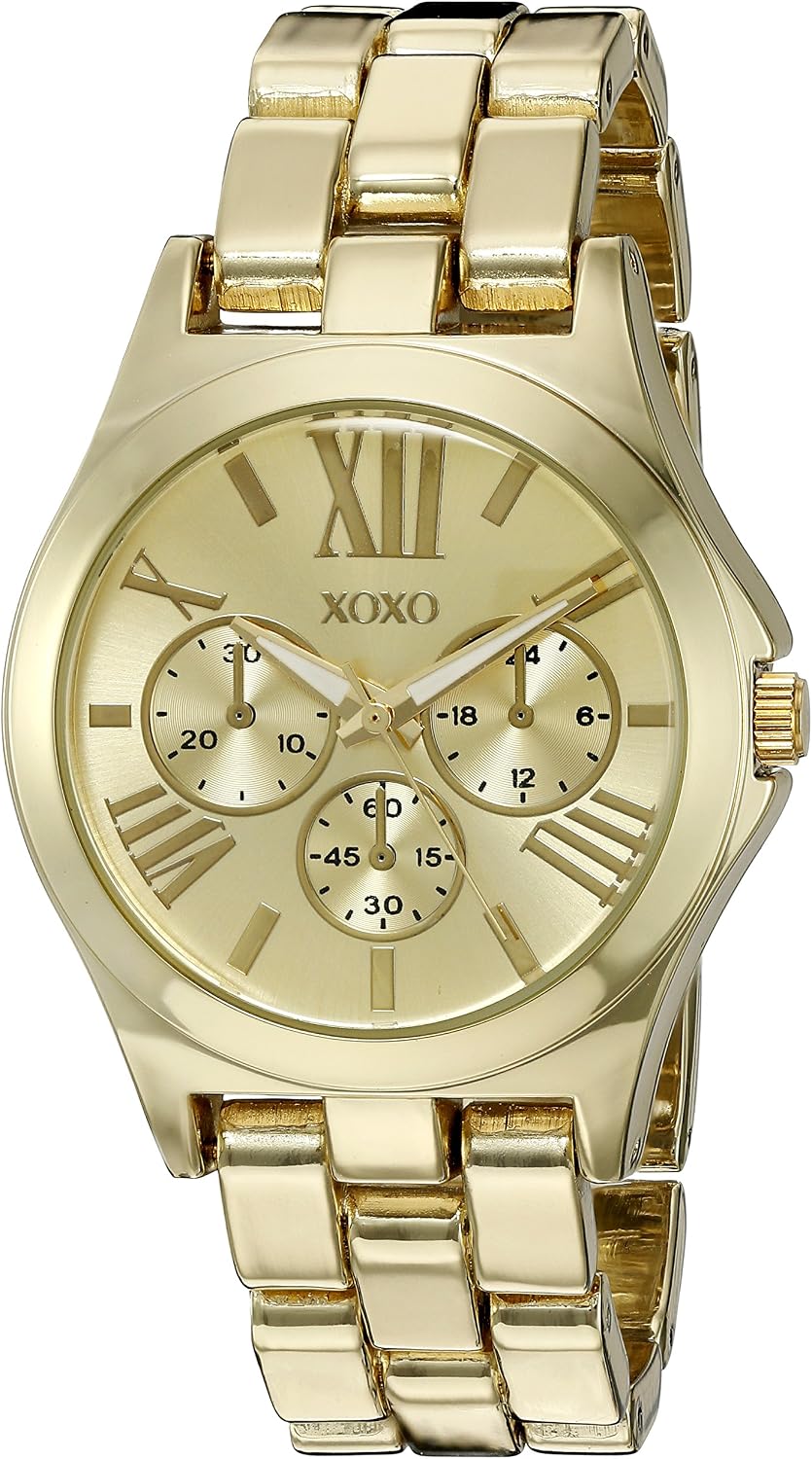 XOXO Women’s Gold-Tone Analog Quartz Watch – Polished Bracelet Style with Roman Numeral Dial and Decorative Subdials – Includes Gift Box –