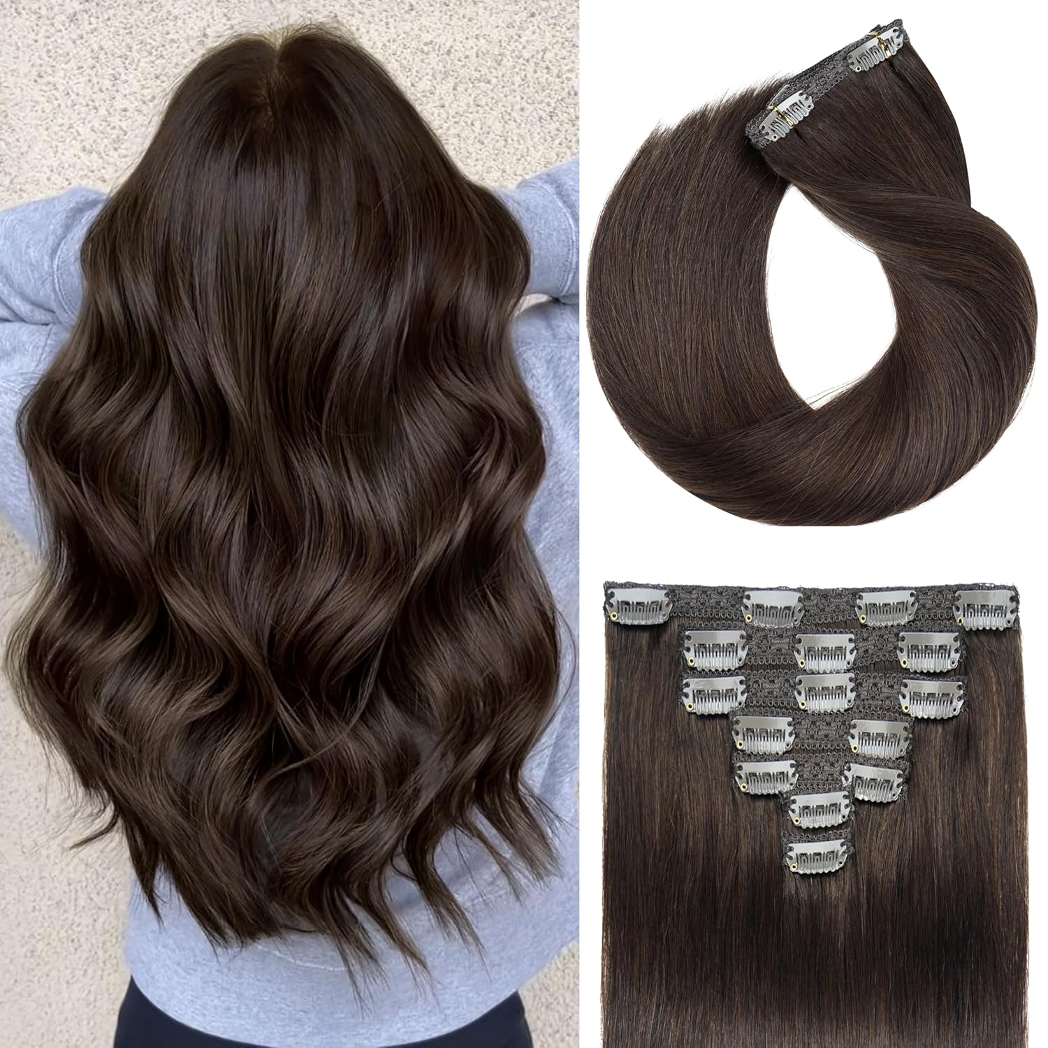 22" Clip in Human Hair Extensions Full Head 200g 10 Pieces 22 Clips Light Brown Double Weft Brazilian Real Remy Hair Extensions Thick Straight (22"