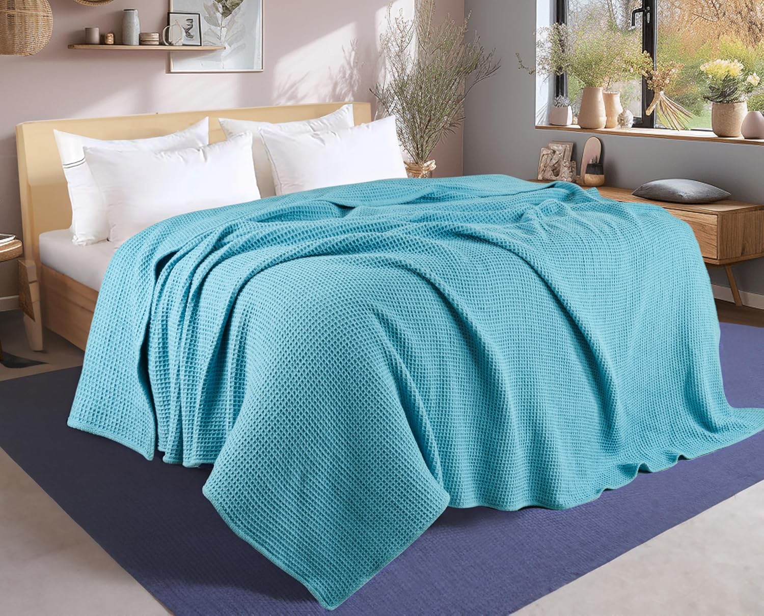 Tex Trend 100% Cotton Waffle Weave Blanket Queen Size - Soft, Breathable Cooling Blanket for Bed, Lightweight Cozy Summer & Spring Bedding, Grey, 90x90