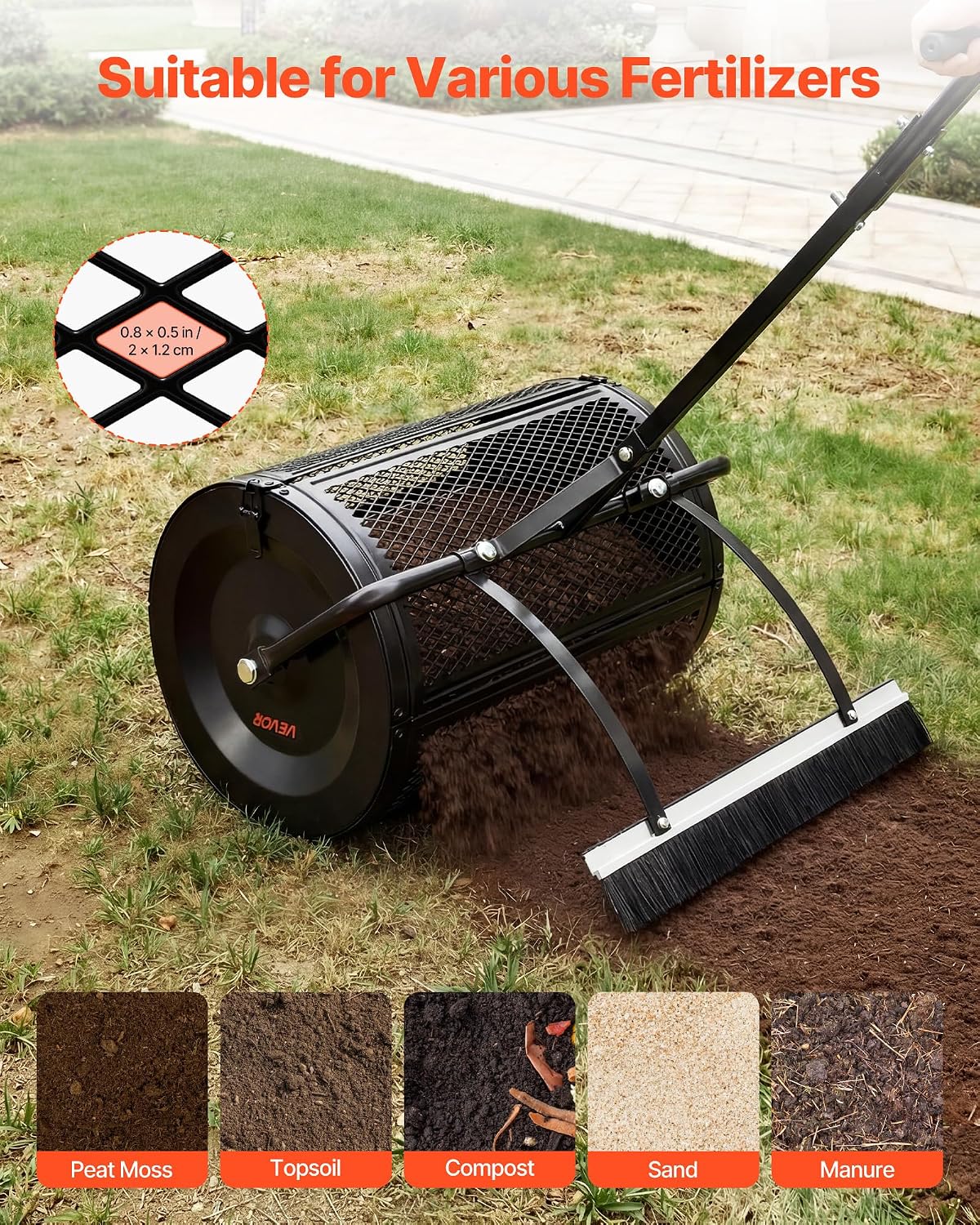 VEVOR Compost Spreader, 36" Wide Peat Moss Spreader with Push/Tow Handle, 4 Heights Adjustable, Powder-Coated Steel Garden Peat Moss Roller, Heavy Duty Grass Seed Roller for Planting Seeding, Black