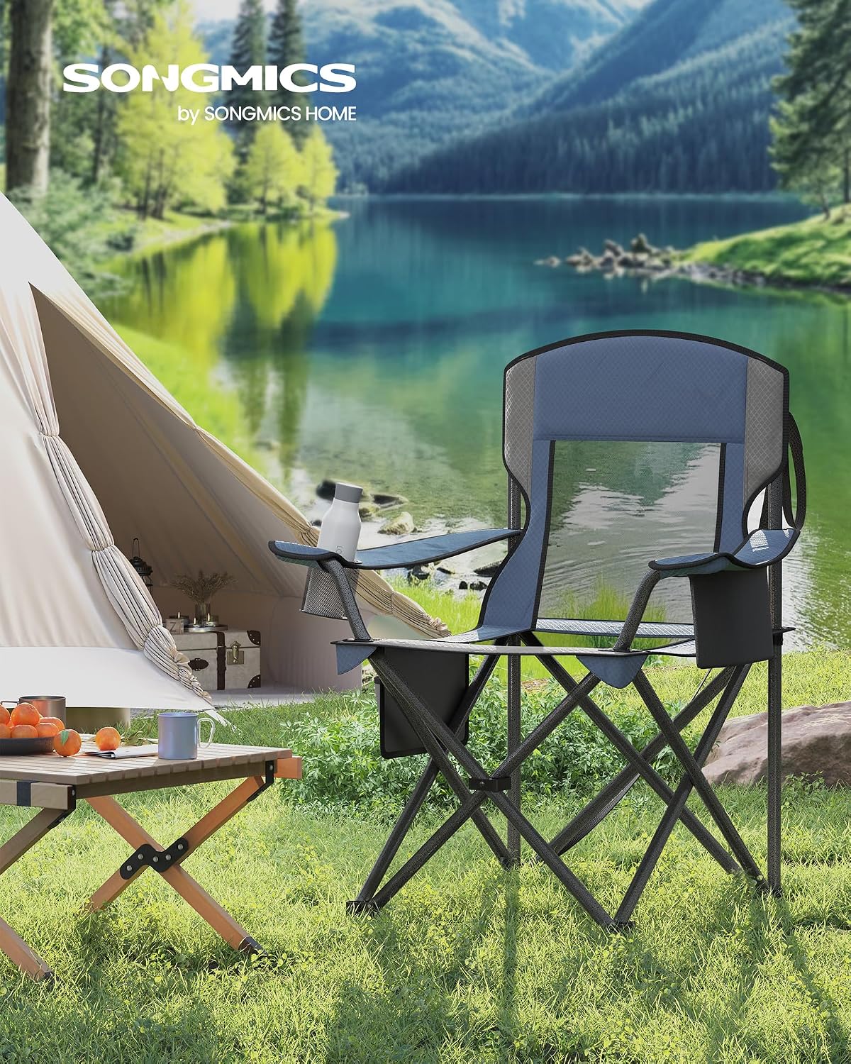 SONGMICS Camping Chair, Folding Oversized Chair, Comfortable and Heavy-Duty, 352 lb Weight Capacity, Adjustable Armrests with Cooler Bag, Storage Bag, Breathable Mesh, Bijou Blue UGCB060Q01