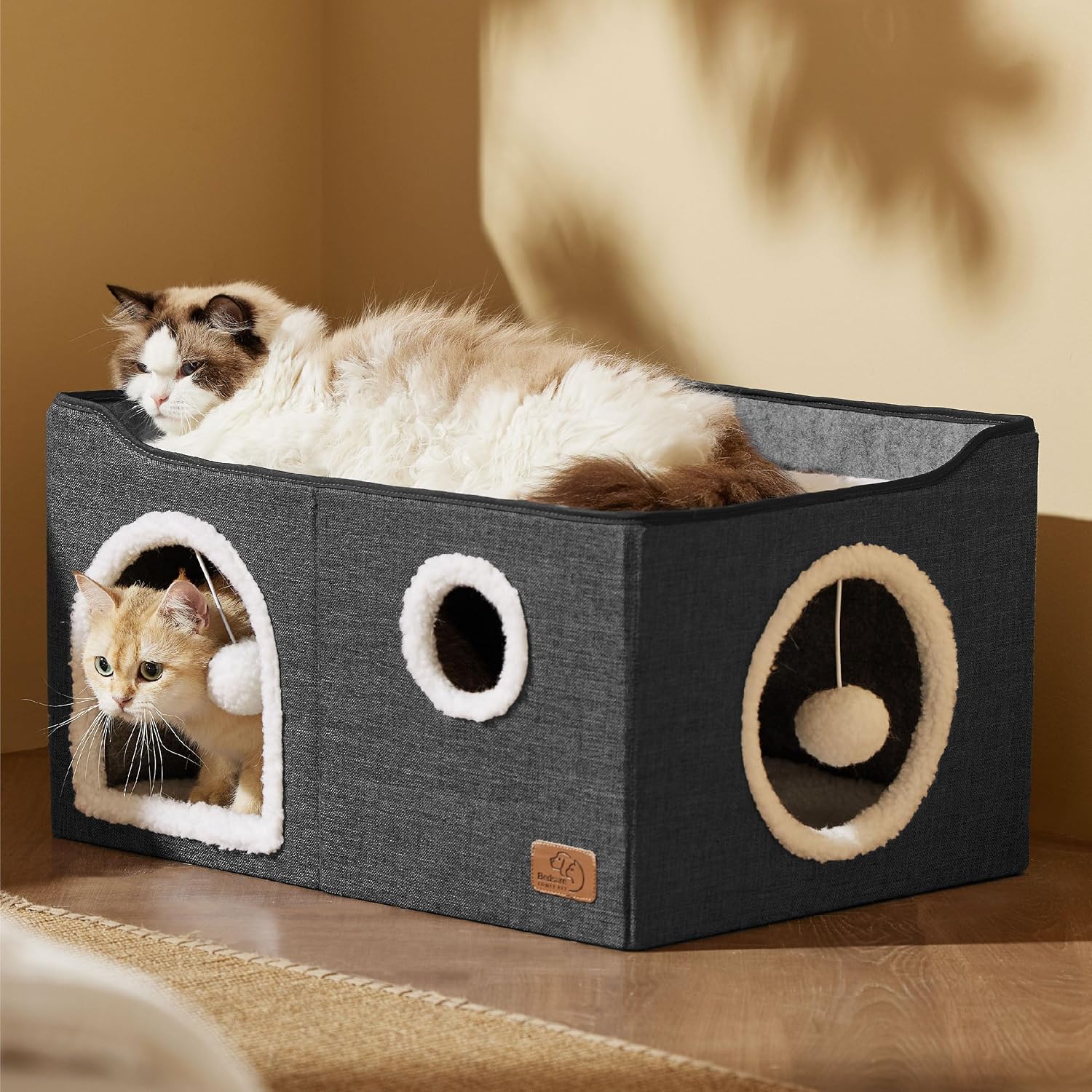 Bedsure Cat House Bed for Indoor Cats with Fluffy Ball and Scratch Pad,Grey