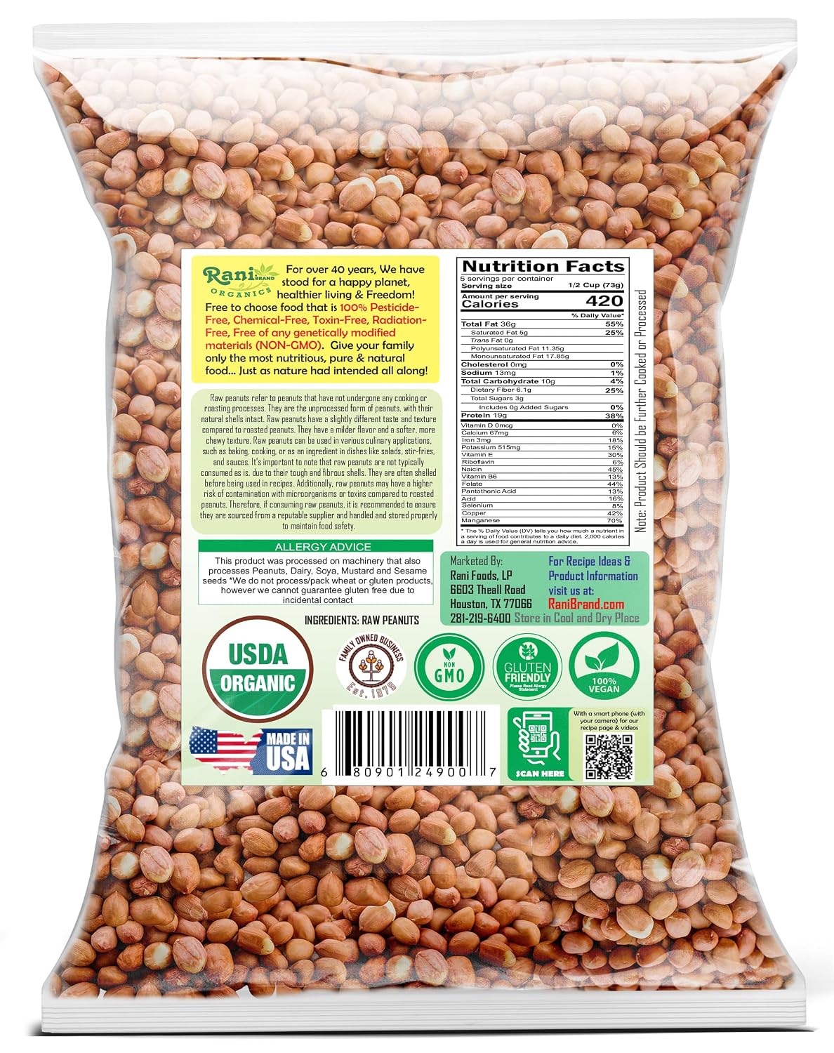Rani Peanuts, Raw Whole With Skin (uncooked, unsalted) 14oz (400g) ~ All Natural | Vegan | Kosher | Gluten Friendly | Fresh Product of USA ~ Spanish Grade Groundnut/Red-skin
