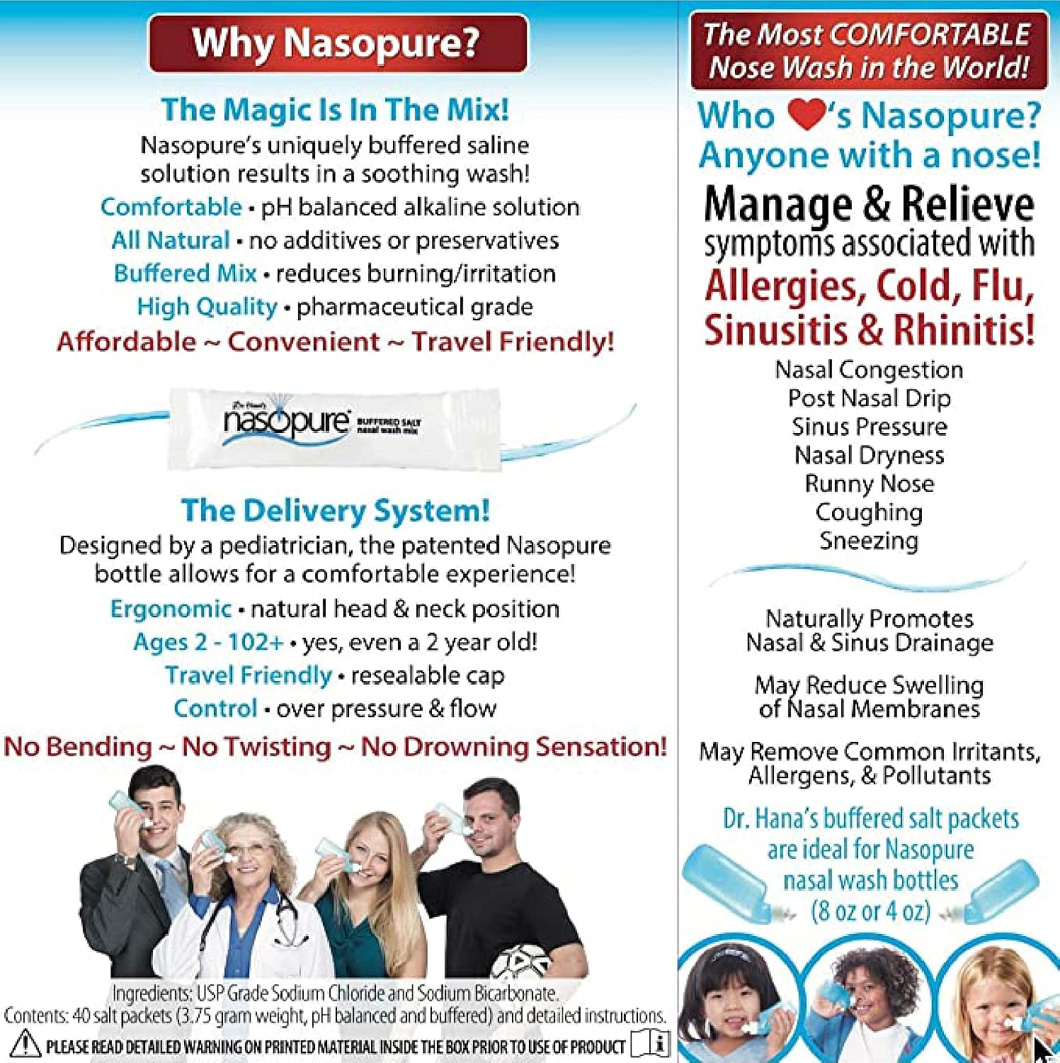 Nasopure Nasal Wash, Refill Kit, “The Nicer Neti Pot” Sinus Wash Kit, Comfortable Nasal Rinse 40 Salt Packets (3.75 Grams Each), Nasal Congestion