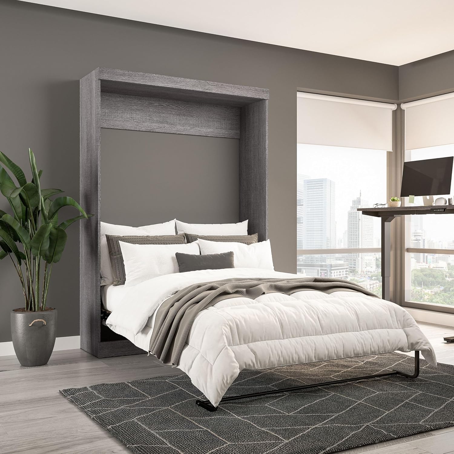 Bestar Pur Queen Murphy Bed, 65-inch Space-Saving Sleeping Arrangement for Multipurpose Area, Bedroom, Guest Room, or Living Room | Dual piston mechanism; for guest room or multipurpose space; Shaker-inspired trim with metal handles