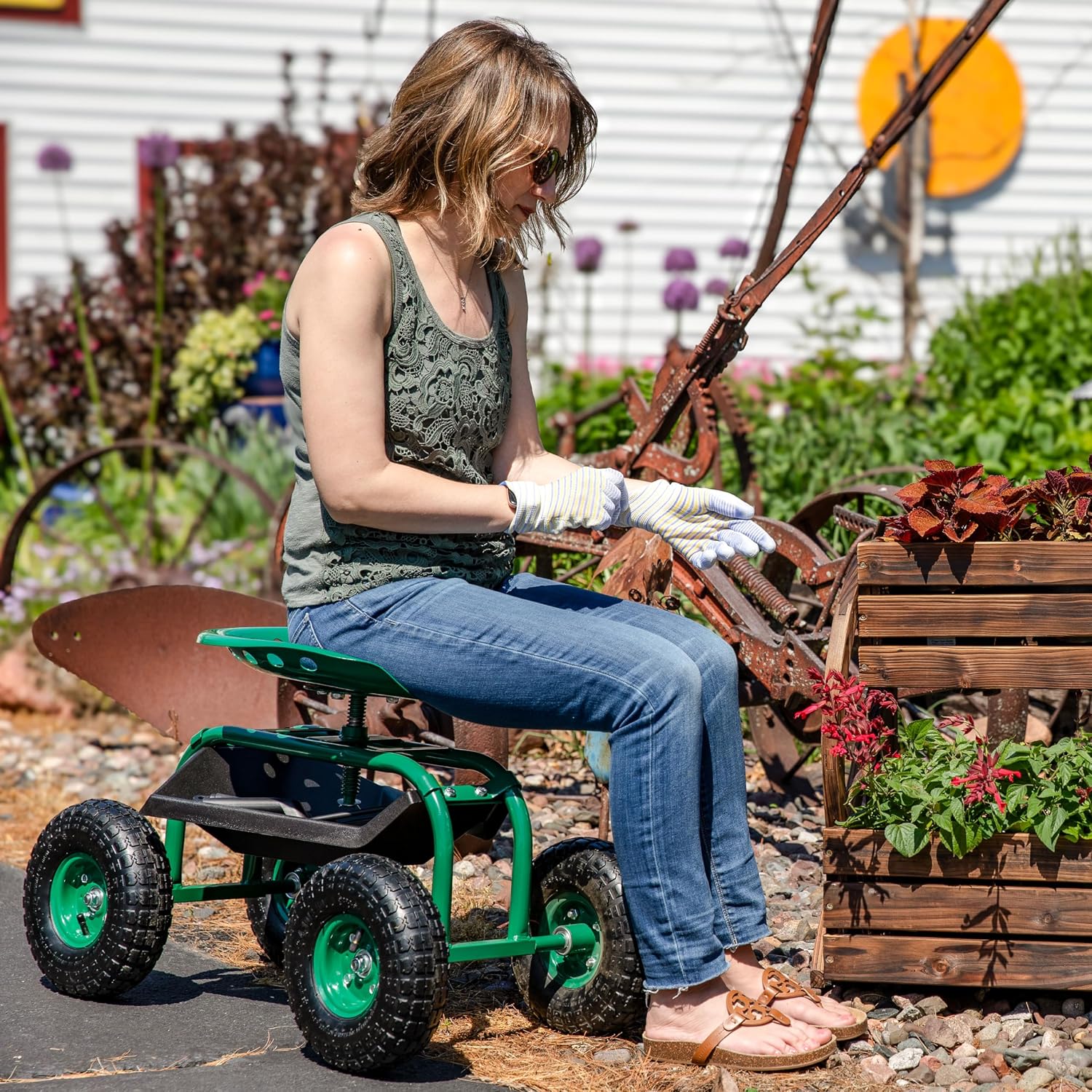 Sunnydaze Rolling Garden Cart with Swivel Seat and Storage, Green | Steel Rolling Gardening Seat with Utility Tray, and Basket for Storage, Rotating, Swiveling Motion