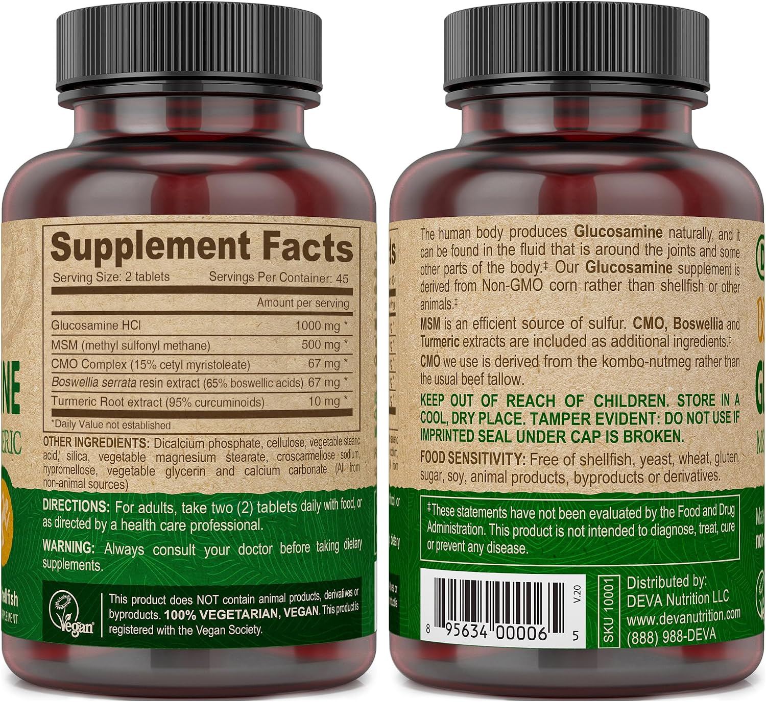 Deva Vegan Glucosamine MSM & CMO, Improved Formula Plus Hyaluronic Acid, CMO, Turmeric Extract, Boswellia Extract with Non Animal Ingredients, 90 Tablets