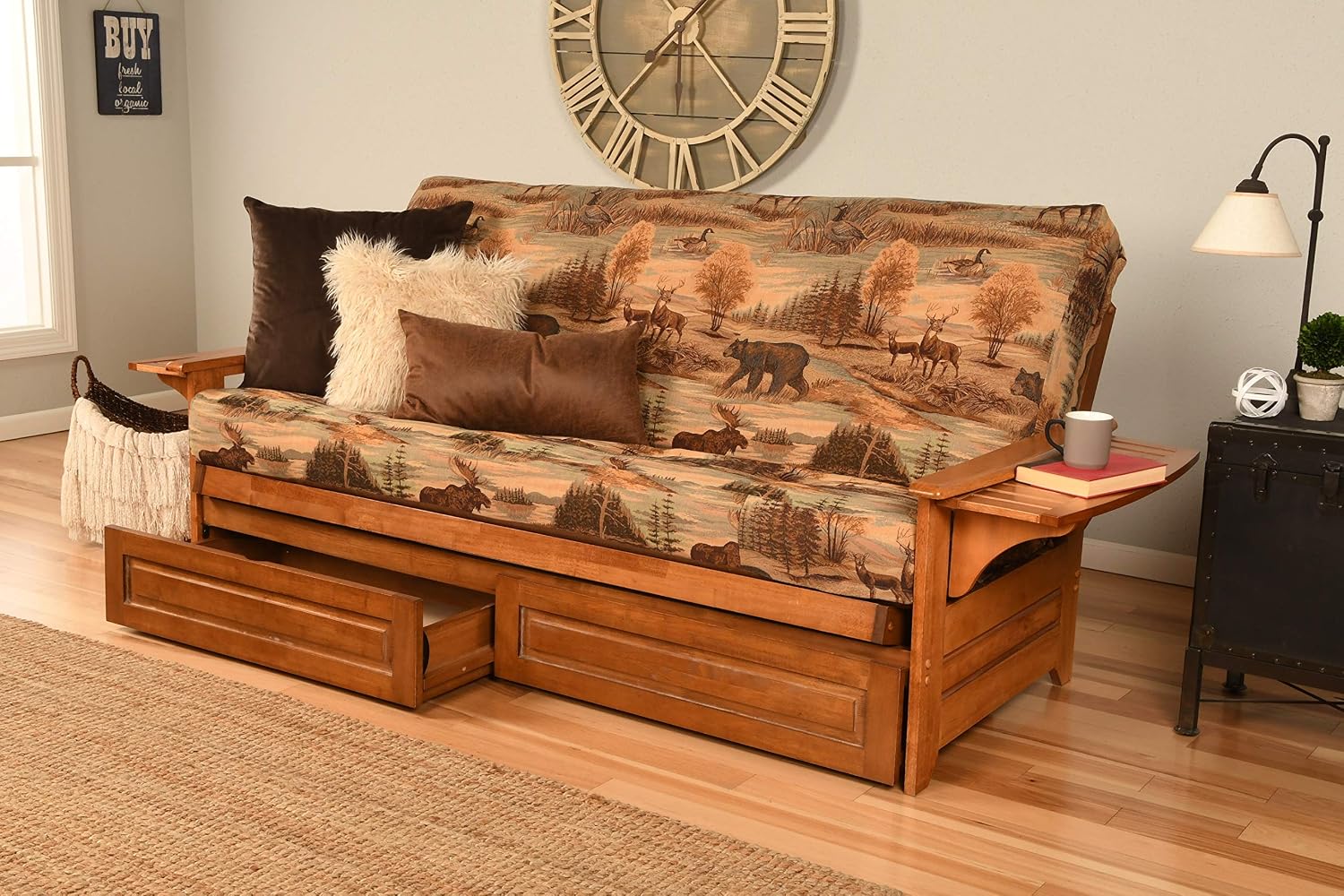 Kodiak Furniture Phoenix Futon Set with Linen Stone Mattress and Storage Drawers, Full, Barbados