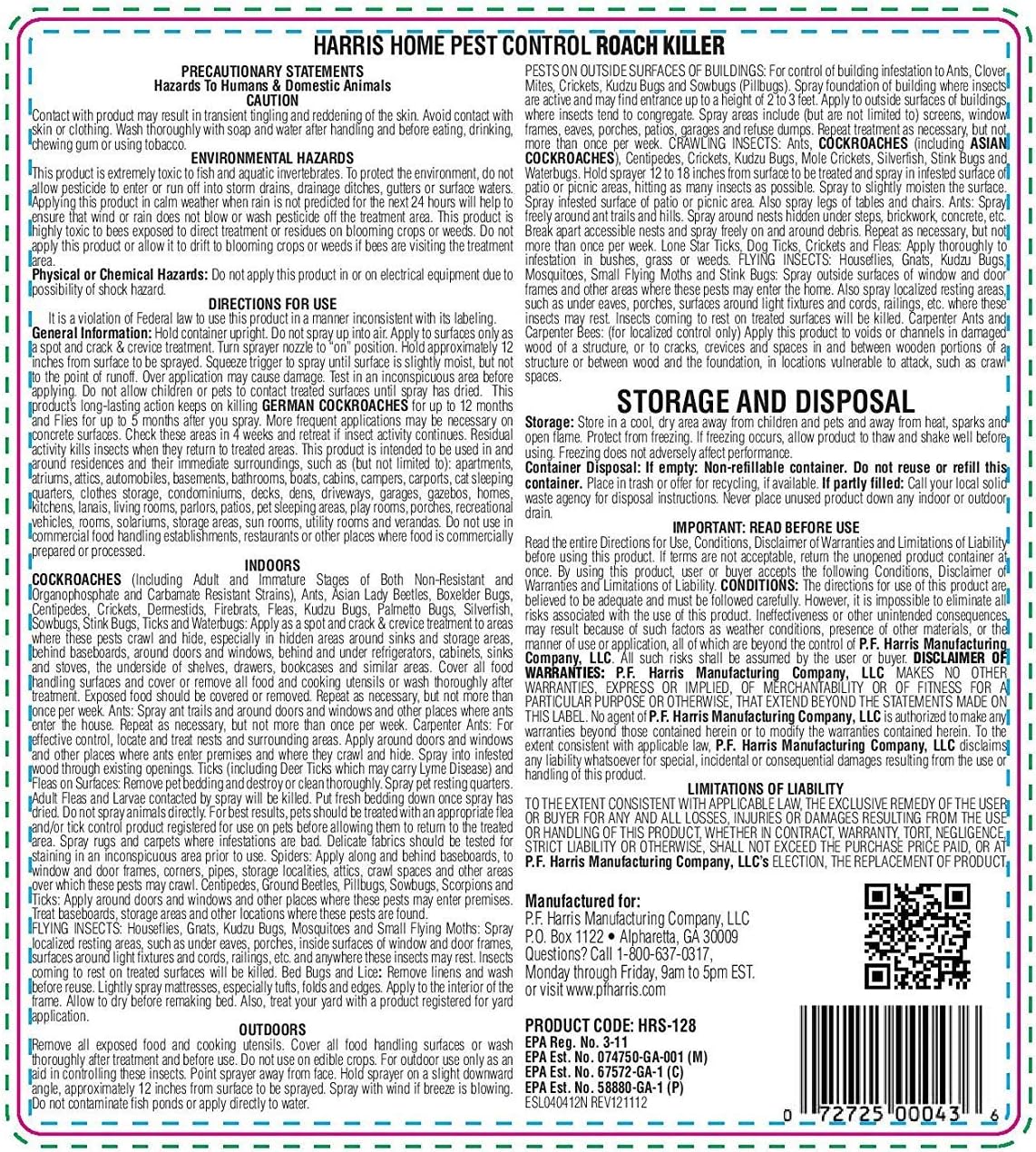 Harris Roach Killer, Liquid Spray with Odorless and Non-Staining 12-Month Extended Residual Kill Formula (Gallon)