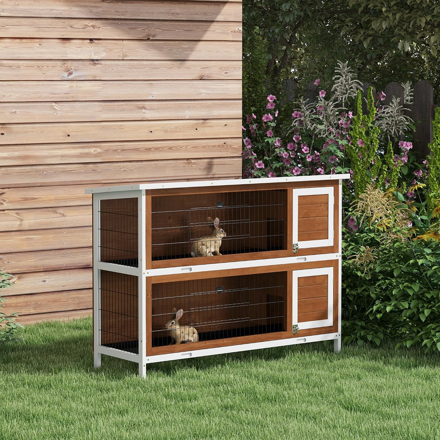 PawHut 54" 2-Story Large Rabbit Hutch Bunny Cage Wooden Pet House Small Animal Habitat with Lockable Doors, No Leak Tray and waterproof Roof for Outdoor/Indoor Orange | Wooden Pet House, Small Animal Habitat, No Leak Tray, Waterproof Roof, for Chickens D…