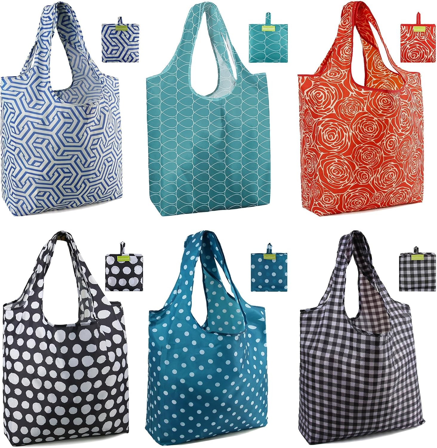 BeeGreen Grocery Bags | Reusable Gift Bags, Large Tote for Women & Foldable Beach Bag - 6 Pack Reusable Bag With Handles | Collapsible Cute Cloth Storage for Market, Holiday & Shopping | Washable​