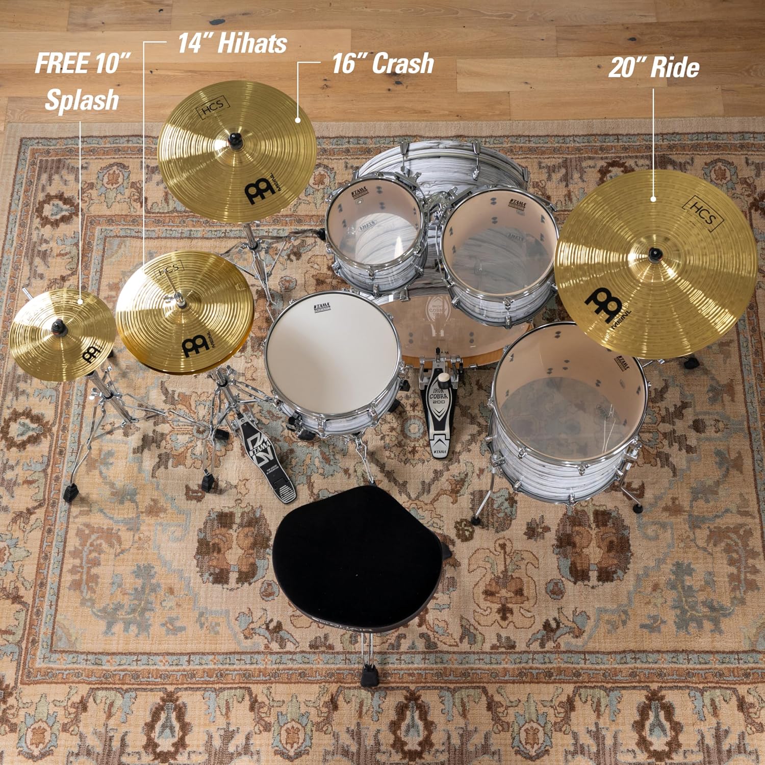 Meinl Cymbal Set Box Pack with 14” Hihats, 20” Ride, 16” Crash, Plus a FREE 10” Splash – HCS Traditional Finish Brass – Made In Germany