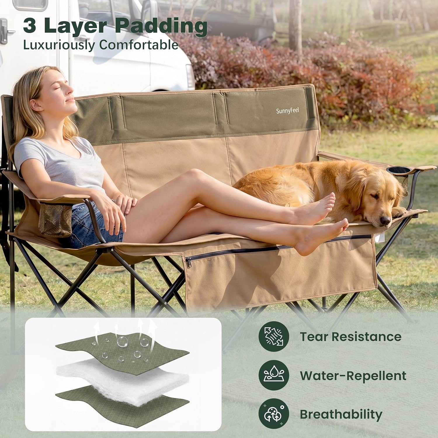 SUNNYFEEL Folding Double Camping Chair Oversized Loveseat for Adults