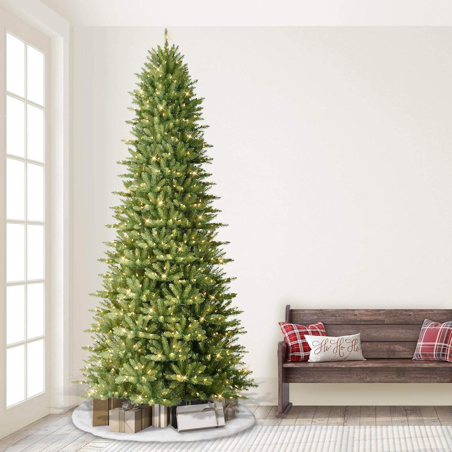 Puleo International 7.5ft Pre-Lit Slim Fraser Christmas Tree with 500 Warm White LED Lights, 1453 Realistic Dense Branch Tips, Easy Setup Artificial Trees with Sturdy Metal Stand