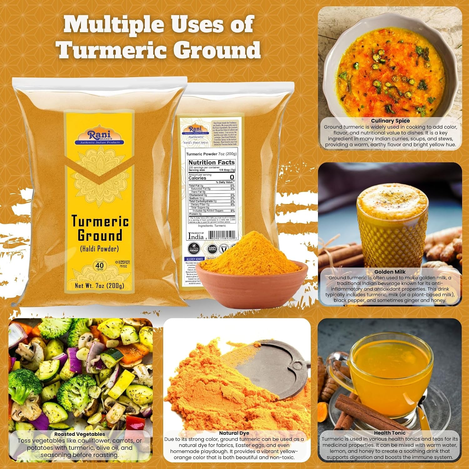 Rani Turmeric (Haldi) Root Whole Spice, Dried 7oz (200g) ~ All Natural | 100% Pure | Vegan | Gluten Friendly | NON-GMO | Kosher | Indian Origin