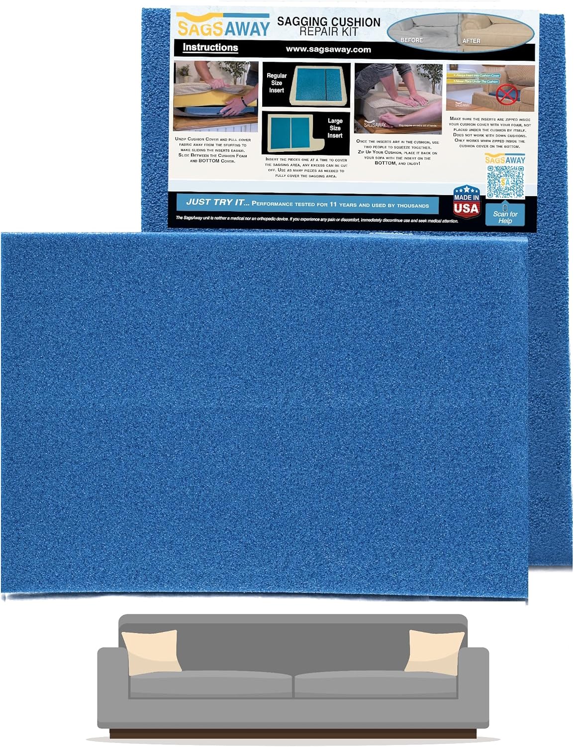 Large 2 Piece 1.5in Thick Cushion Insert Kit for Immediate Lasting Support of 1 Saggy Seat. Two13x17in Pieces of Military Grade Foam Adds Thickness, Delays Replacing Sofa