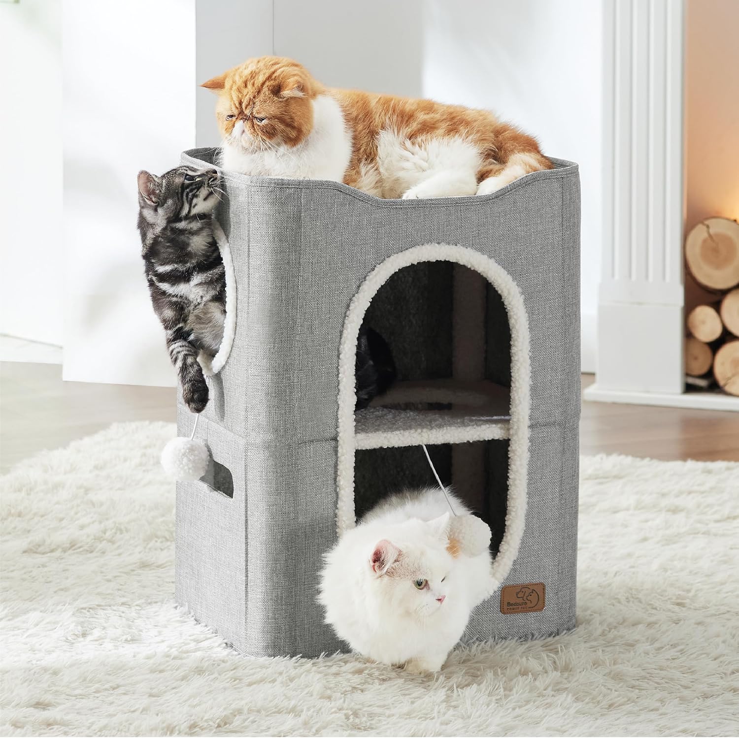 Bedsure Cat House Bed for Indoor Cats with Fluffy Ball and Scratch Pad,Grey