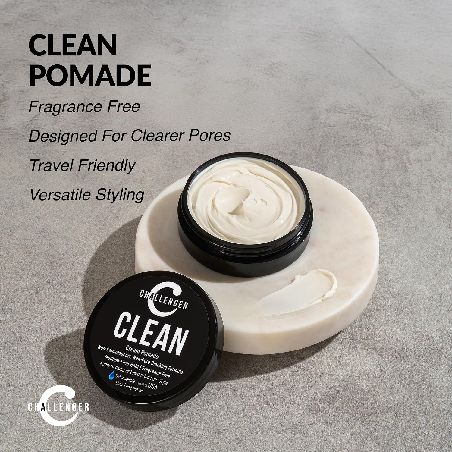 Challenger Men’s Clean Cream Pomade, 1.5 Ounce | Fragrance Free, Non-Comedogenic Hair Styling Product | Medium Firm Hold & Natural Finish | Shine Free, Unscented, Water Based & Travel Friendly