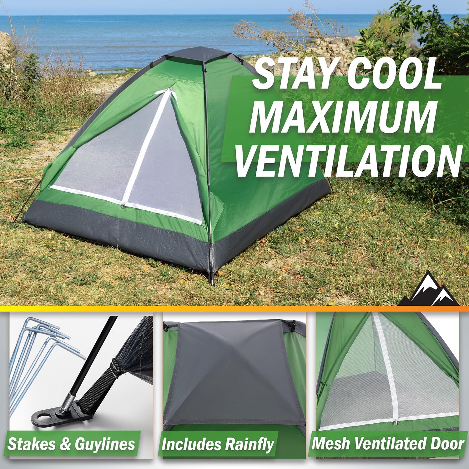 2 Person Camping Tent with Rain Fly and Carrying Bag - Lightweight Outdoor Tent for Backpacking, Hiking, or Beach Use by Wakeman Outdoors (Green)