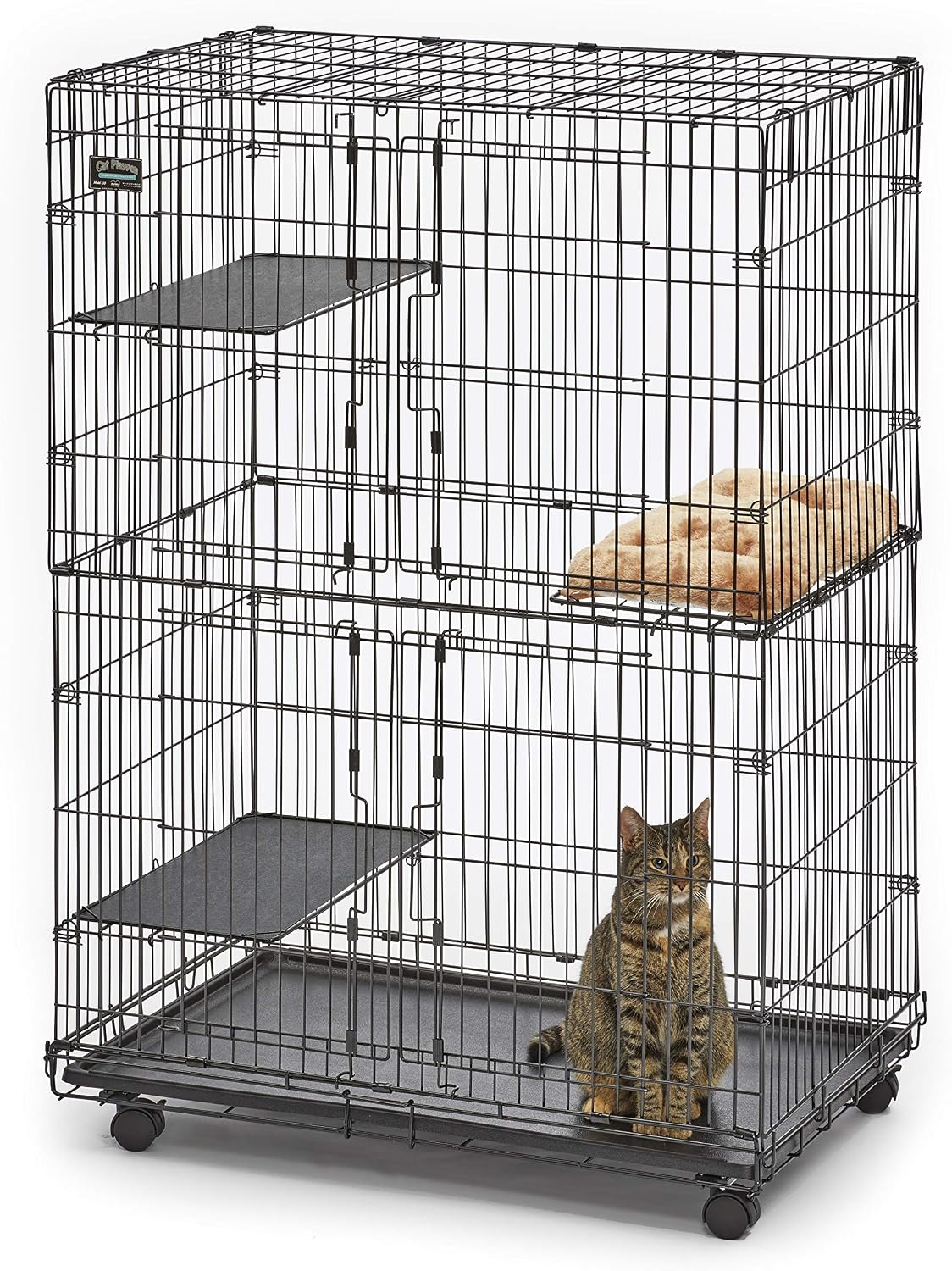 MidWest Homes for Pets Folding Metal Indoor Cat Playpen, Cage Includes Locking Wheels, 3 Platforms, Removable Tray, Plush Bed, Suited for 1-3 Cats