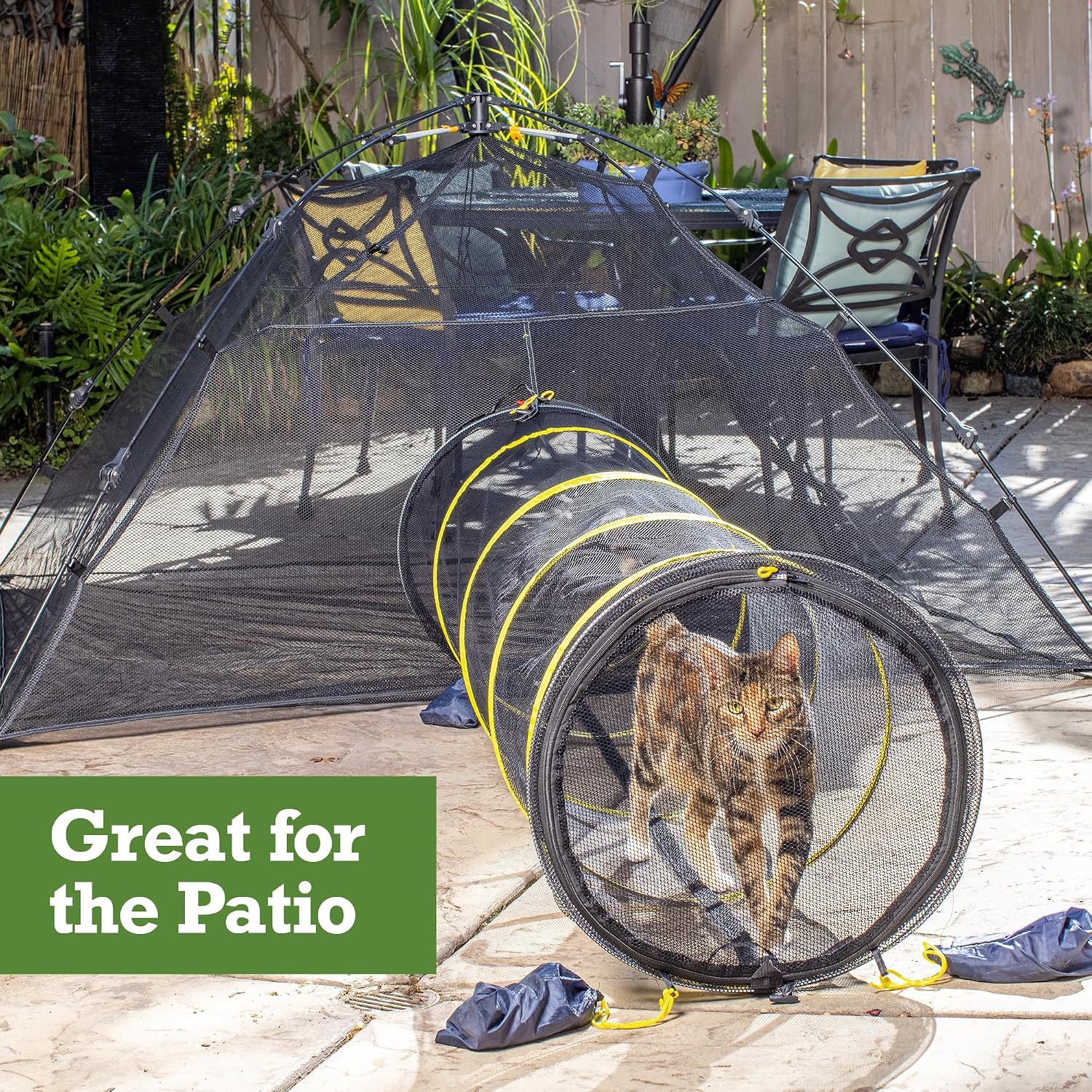 Kitty Compound Outdoor Cat Enclosure and Tunnel, Play Tents | Portable playhouse setup letting indoor felines enjoy fresh air outside while staying contained, safe and secure at all times