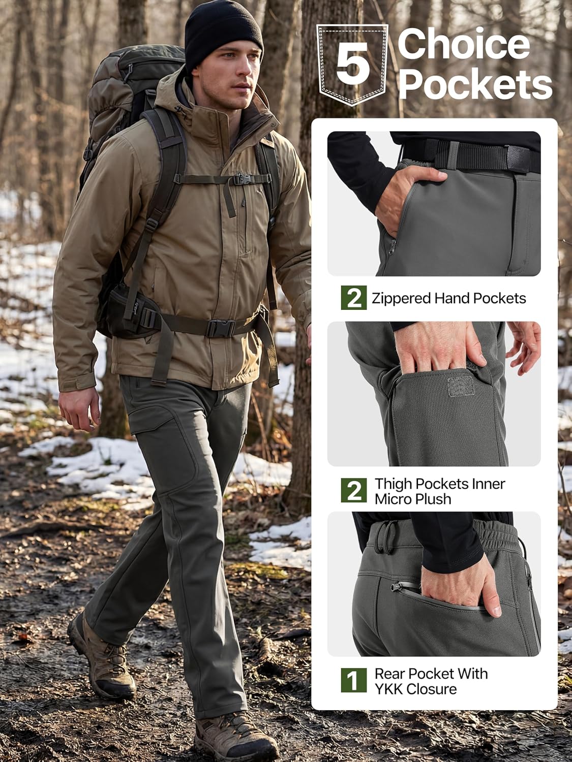 FREE SOLDIER Men's Outdoor Softshell Fleece Lined Cargo Pants | Snow Ski Hiking Pants with Belt, Waterproof Winter Pants, Insulated Work Pants, Breathable Windproof Insulated Pants