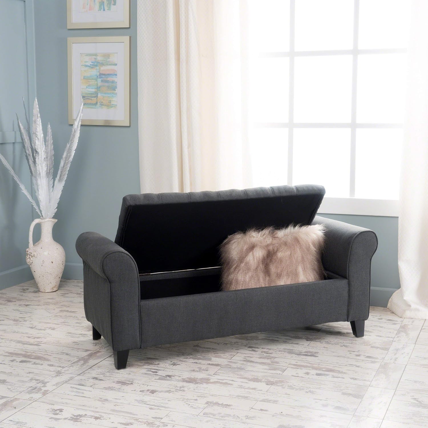 Christopher Knight Home Keiko Fabric Armed Storage Bench, Dark Grey, 19.50”D x 50.00”W x 19.25”H