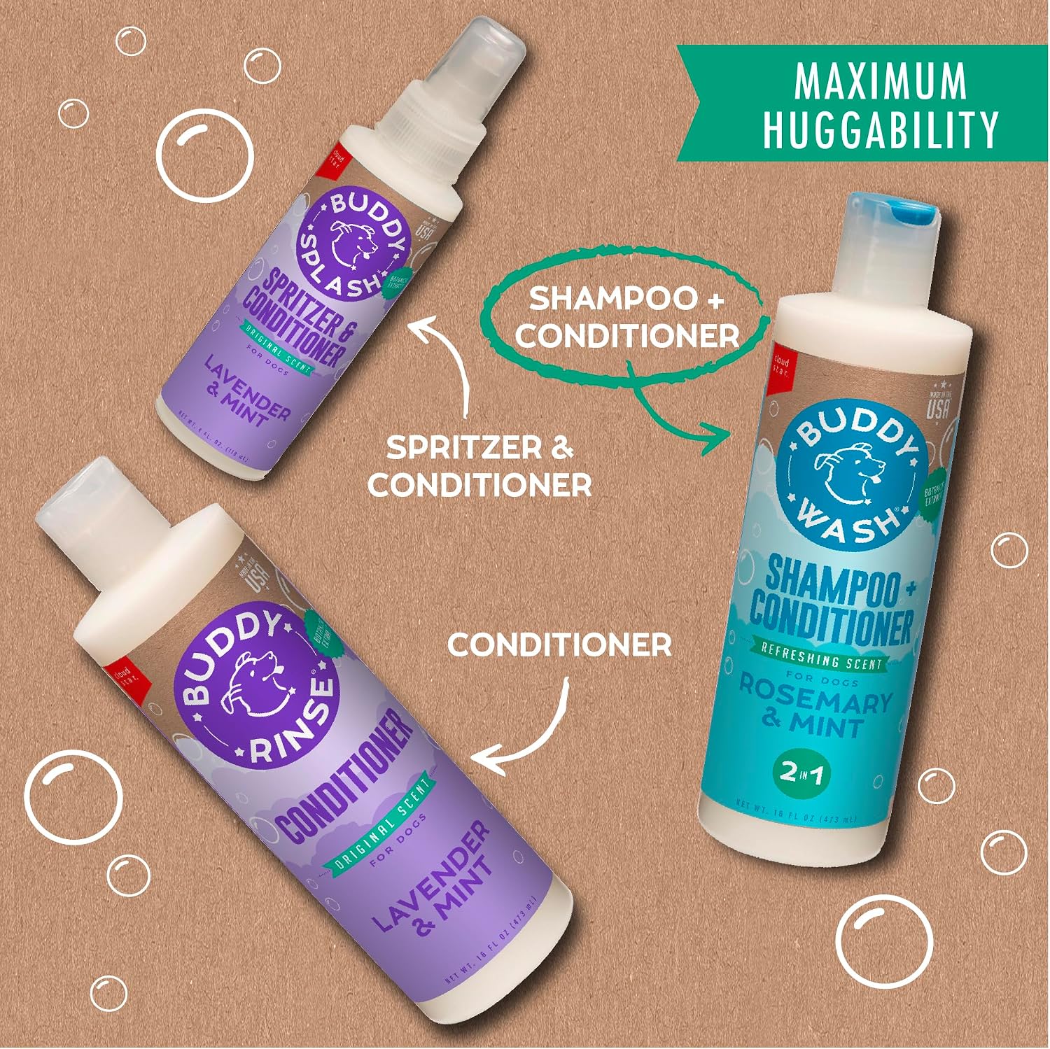 Buddy Grooming Wash 2 in 1 Dog Shampoo, Lavender & Mint, 16 oz. Bottle