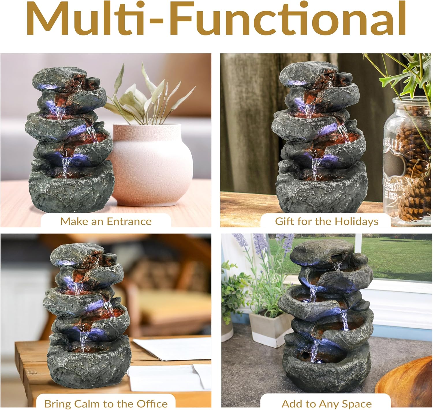 Sunnydaze 10" 5-Step Tabletop Water Fountain with LED Lights, Stacked Rocks | Rock Water Fountain with Calm Sounds for Meditation