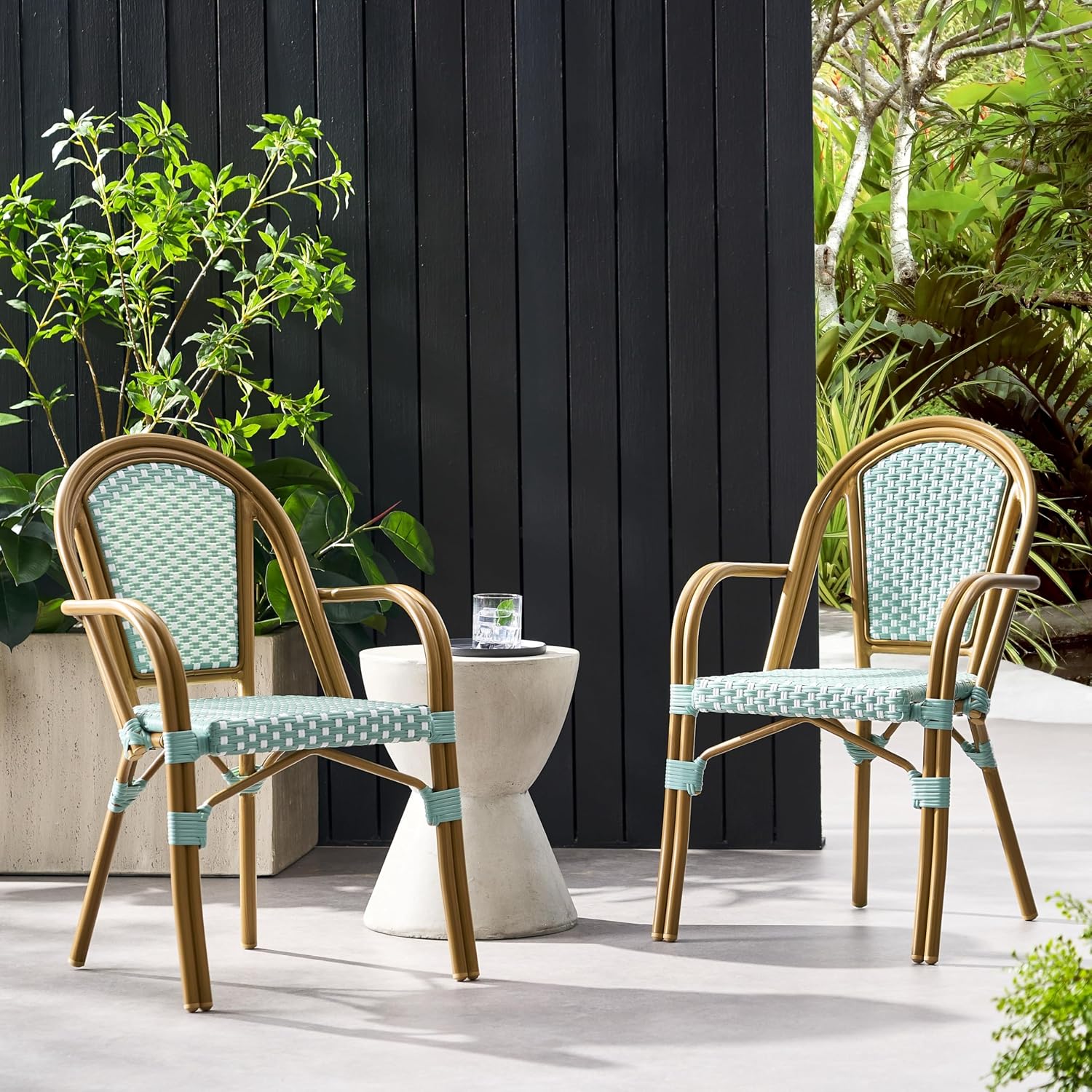 Christopher Knight Home Anastasia Outdoor French Bistro Chair (Set of 2), Black + White + Bamboo Print Finish
