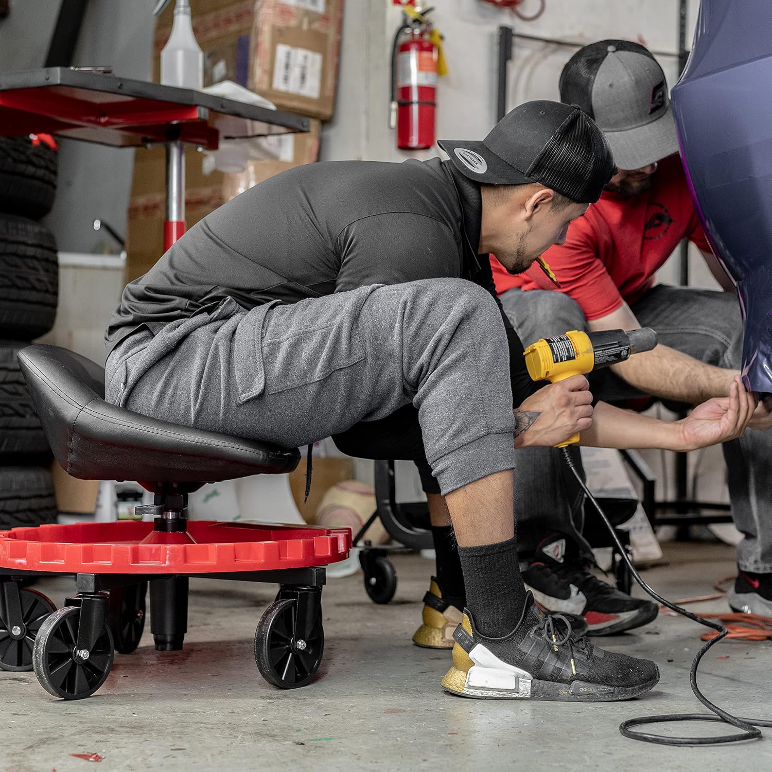Traxion 2-230 Monster Rolling Padded Mechanic Stool Seat Garage Shop Roller Work Chair with Wheels and Tool Tray, Heavy-Duty 400-lb Capacity