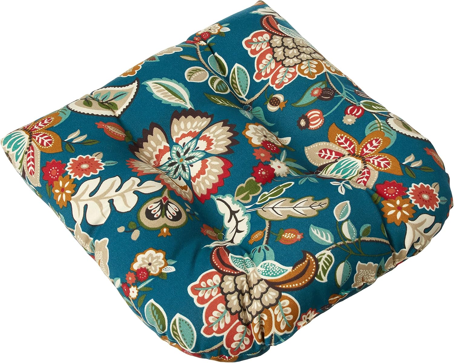 Pillow Perfect Bright Floral Indoor/Outdoor Tufted Wicker Seat Cushion, 2 Count, 19" x 19", Blue/Tan Telfair Peacock