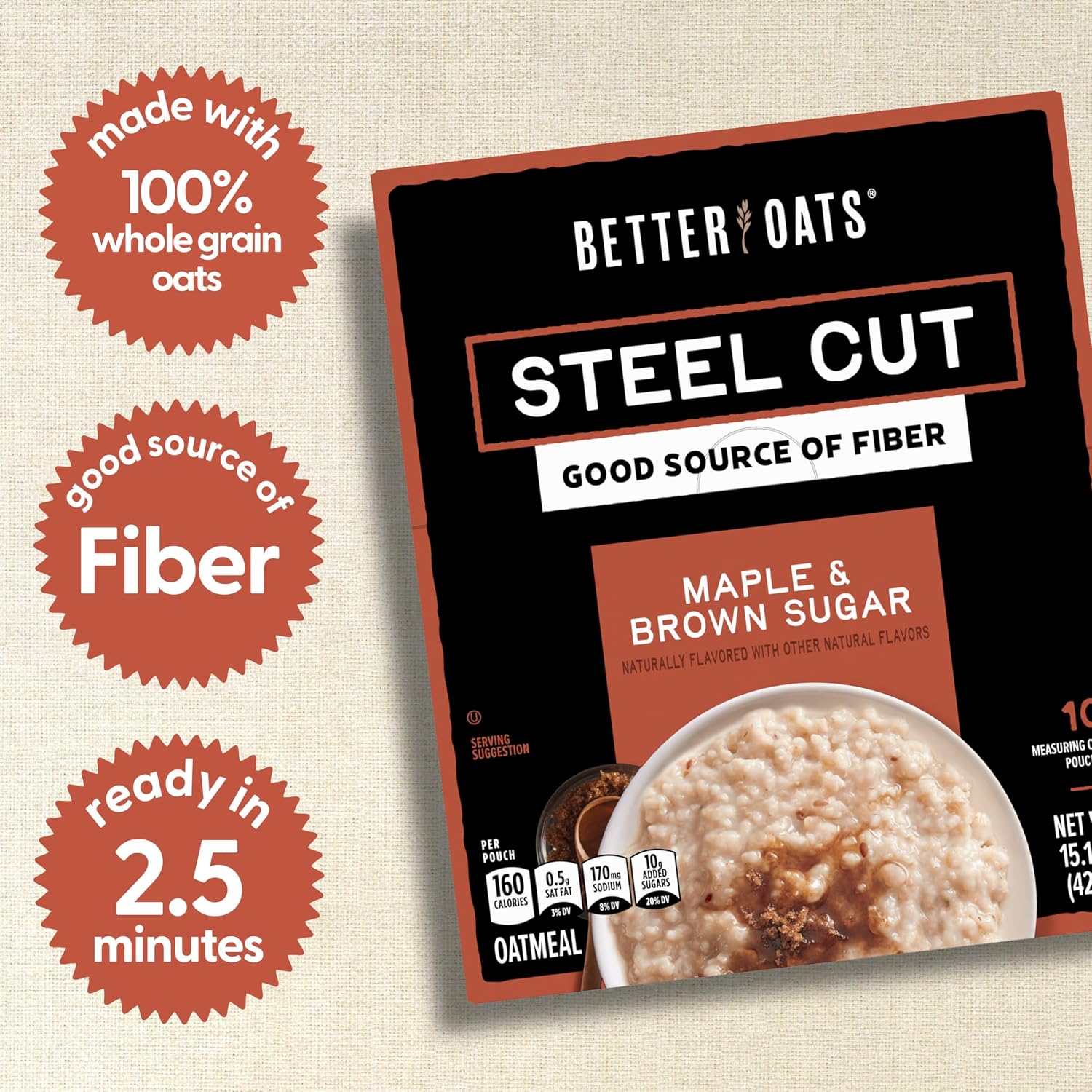 Better Oats Steel Cut Maple & Brown Sugar Oatmeal, 15.1 oz Box, 6 Pack | Instant Breakfast With Flax Seeds & Natural Flavors, Good Source Of ALA Omega-3, Individual Packets, Heart Healthy