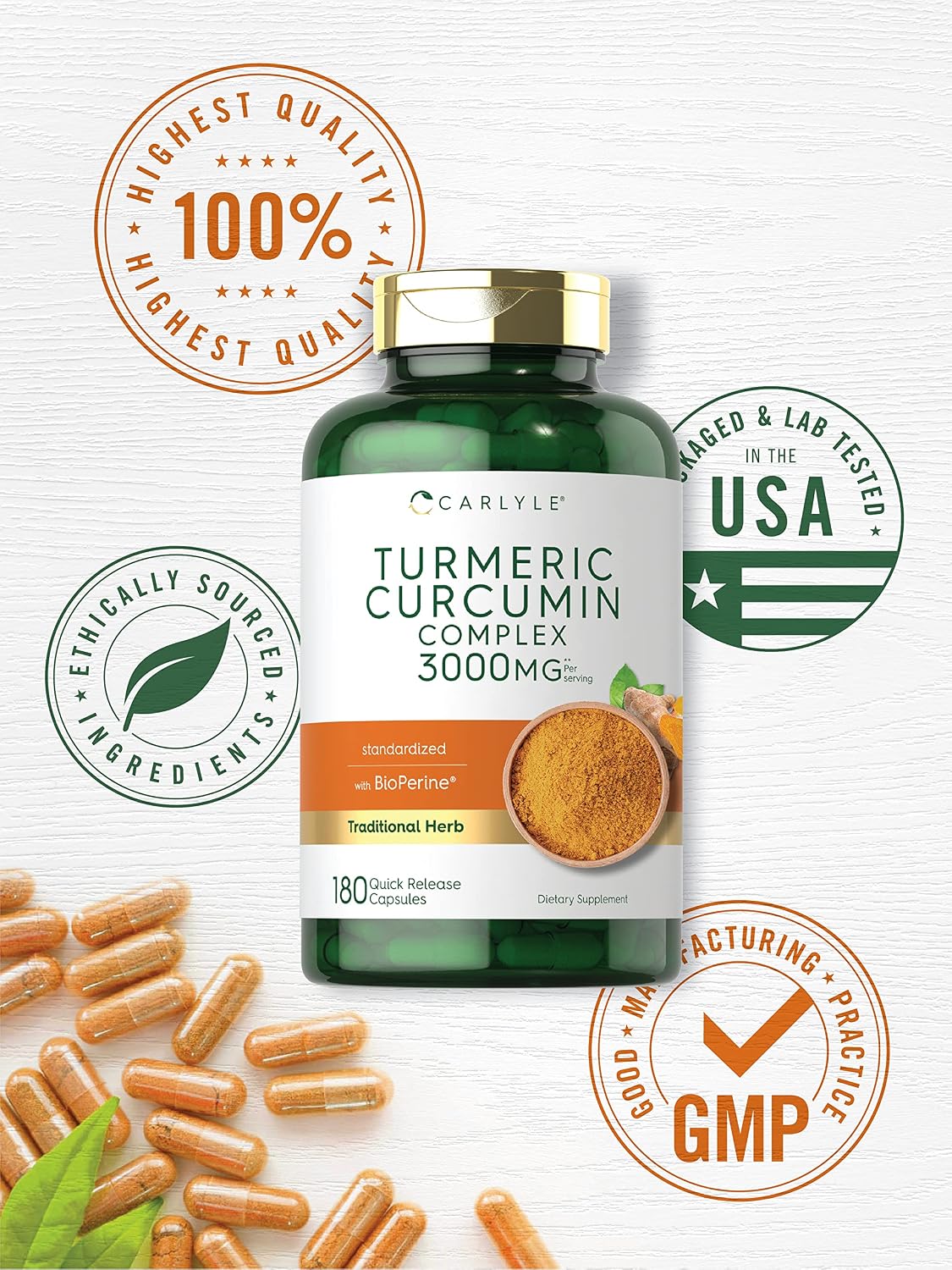 Carlyle Turmeric Curcumin Supplement | 180 Capsules | with Black Pepper