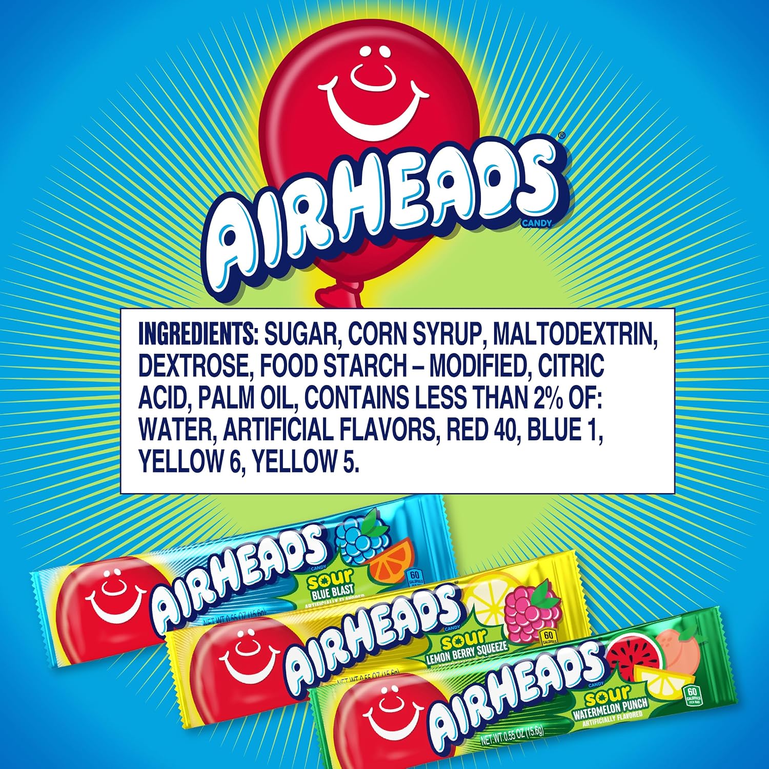 Airheads Full-Size Candy Bars, Assorted Taffy Variety Pack, 60 Count Box | Individually Wrapped Bulk Candy, Six Assorted Fruit Flavors, Artificially Flavored