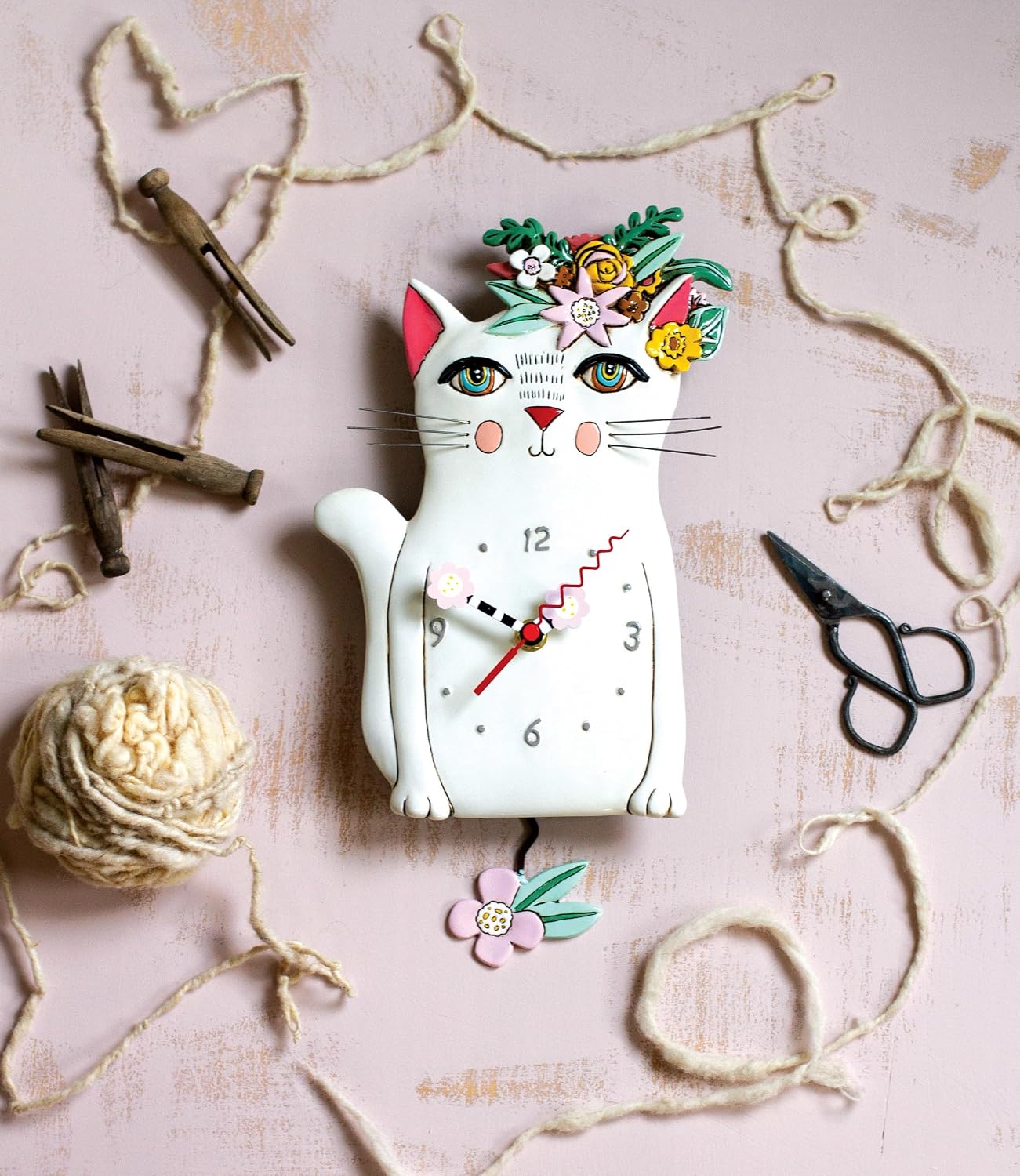 Allen Designs P1993 Swinging Pendulum Clock Pretty Kitty Cat Design 7.25 inches X 14.25 inches
