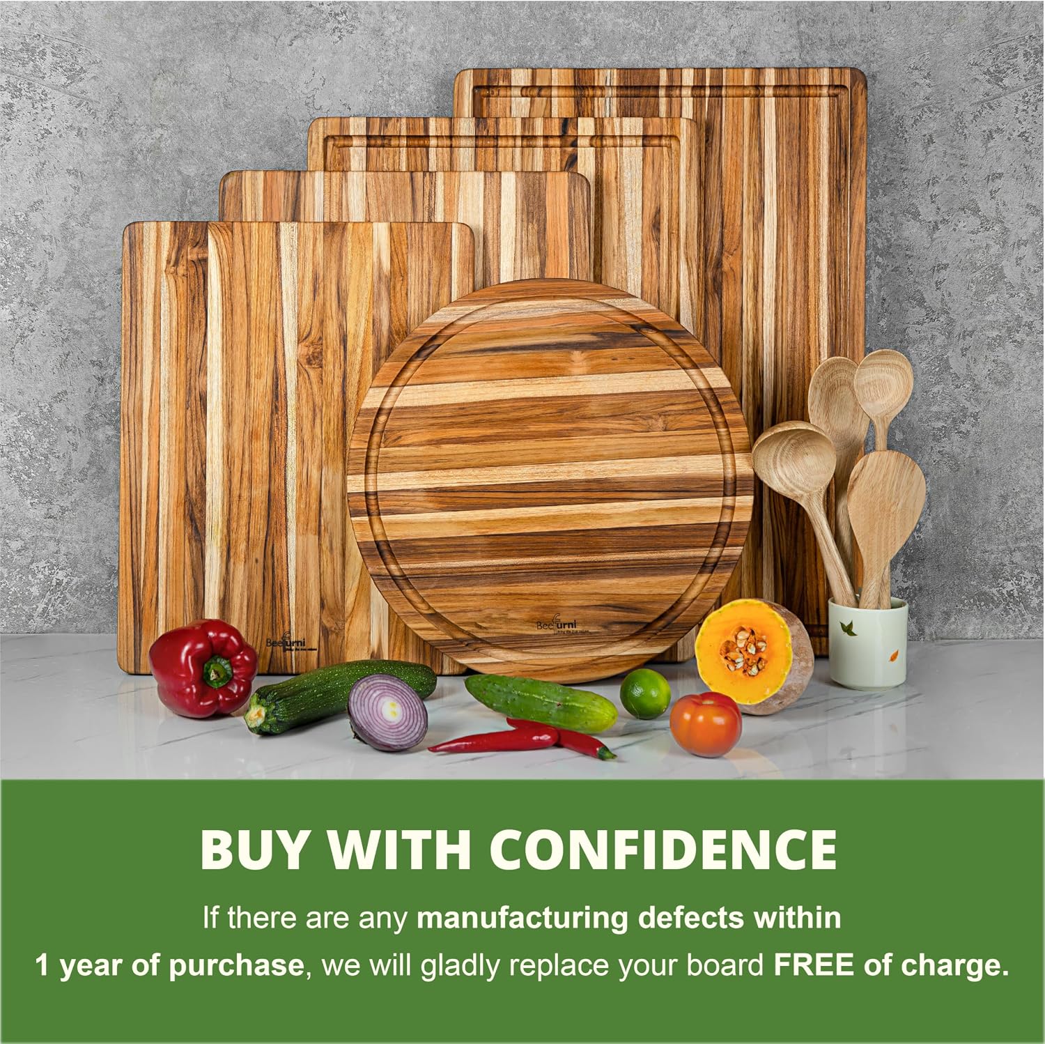 BEEFURNI Teak Wood Cutting Board with Hand Grip (20x15x1.25", M)