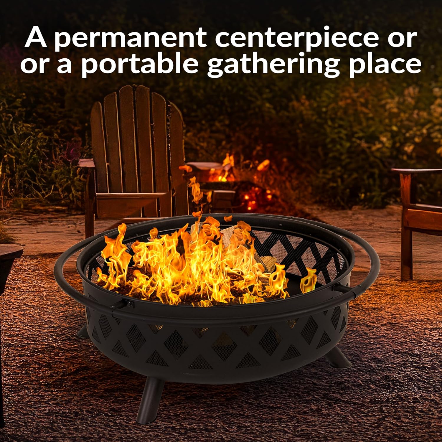 Sunnydaze Crossweave Large Outdoor Fire Pit, Wood Burning, Round, 36" | Black, Heavy Duty Steel Metal, Patio Fire Pit with Spark Screen, Poker, & Cover, Wood Firepit for Outside, Backyard, or Deck