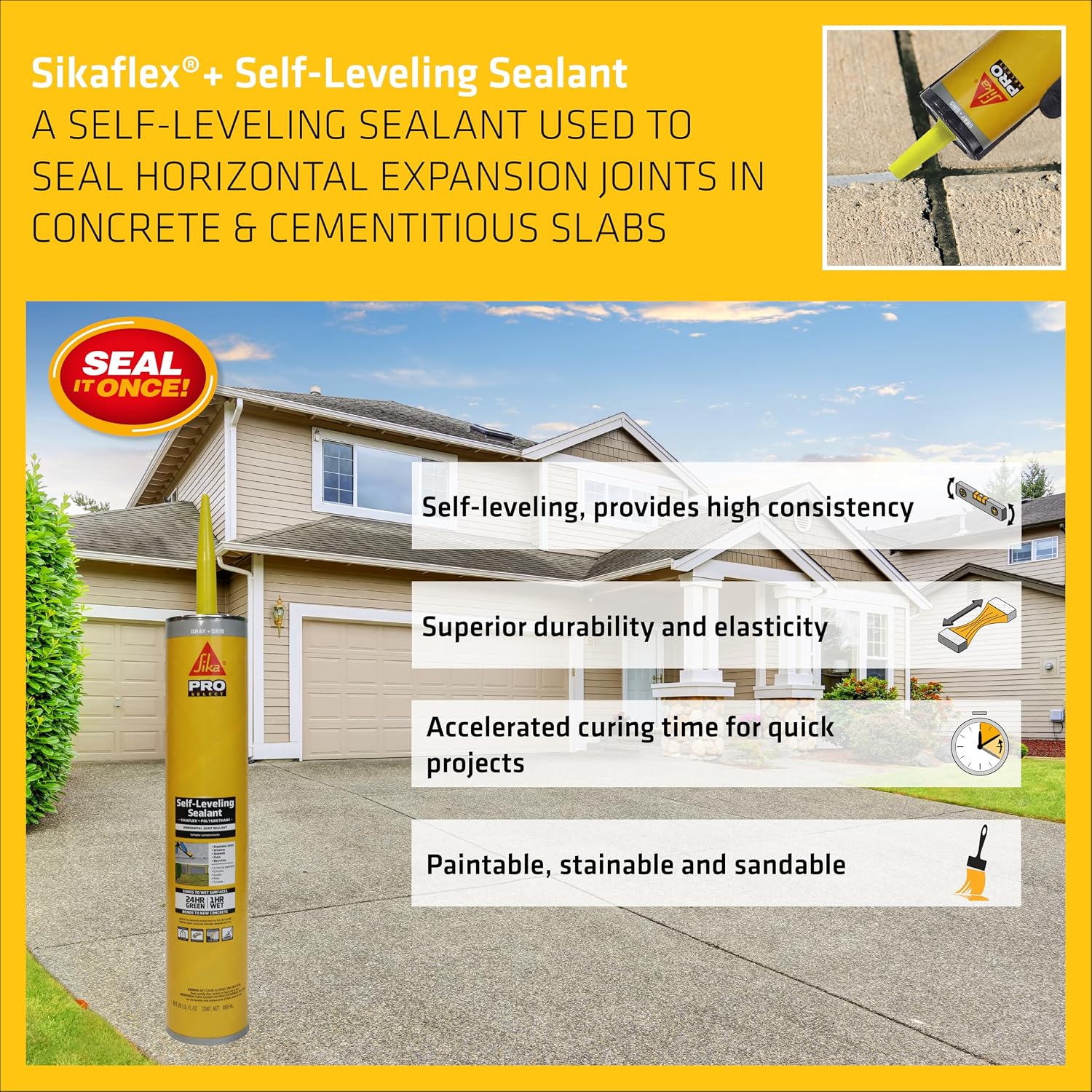 SIKA Sikaflex Self-Leveling Sealant, Gray Polyurethane, Fast Curing, for Concrete Expansion Joints, Waterproof, Paintable, Fills Cracks up to 1.5 in., 10.1 fl. oz Cartridge