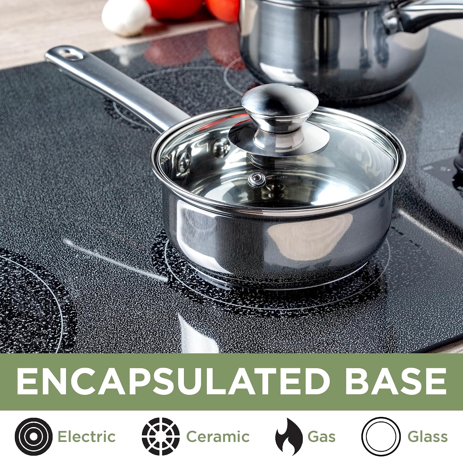 Ecolution Stainless Steel Sauce Pan, Encapsulated Induction Ready Cooking Pot with Glass Lid, Oven Safe, Dishwasher Safe Soup Pot, 2-Quart