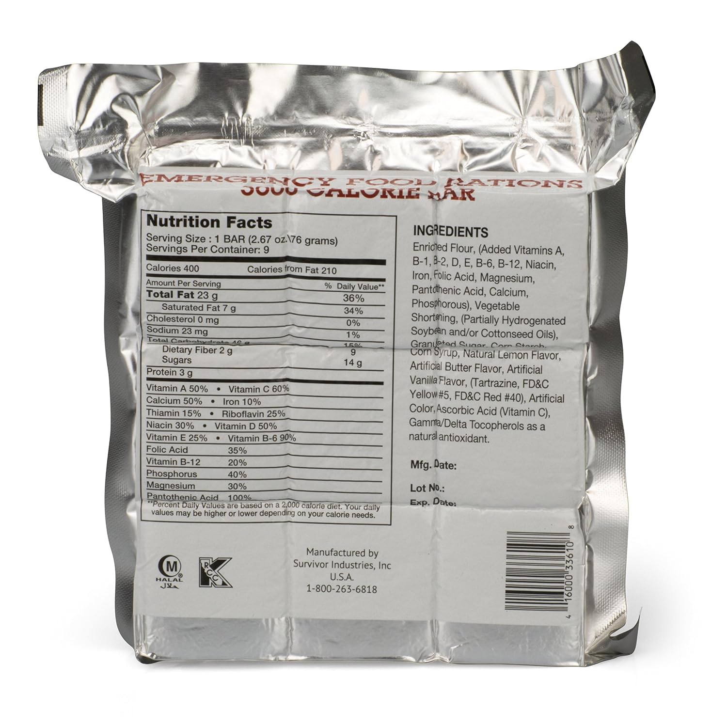 Grizzly Gear Emergency Food Rations- 3600 Calorie Bar (Vanilla Poundcake) - 3 Day, 72 Hour Ready To Eat Supply For Disaster, Hurricane, Flood Preparedness - Non Thirst Provoking - 5 Year Shelf Life