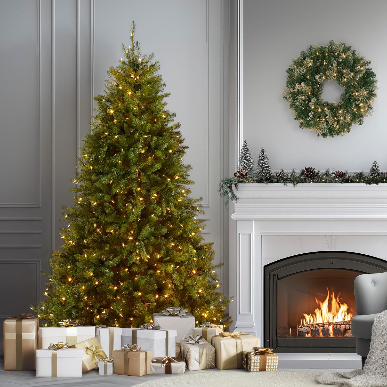National Tree Company 7.5ft Pre-Lit Dunhill Fir Artificial Christmas Tree | 700 LED Lights, 10 Light Functions, 2,514 Tips, Foot Pedal, Includes Stand, Green