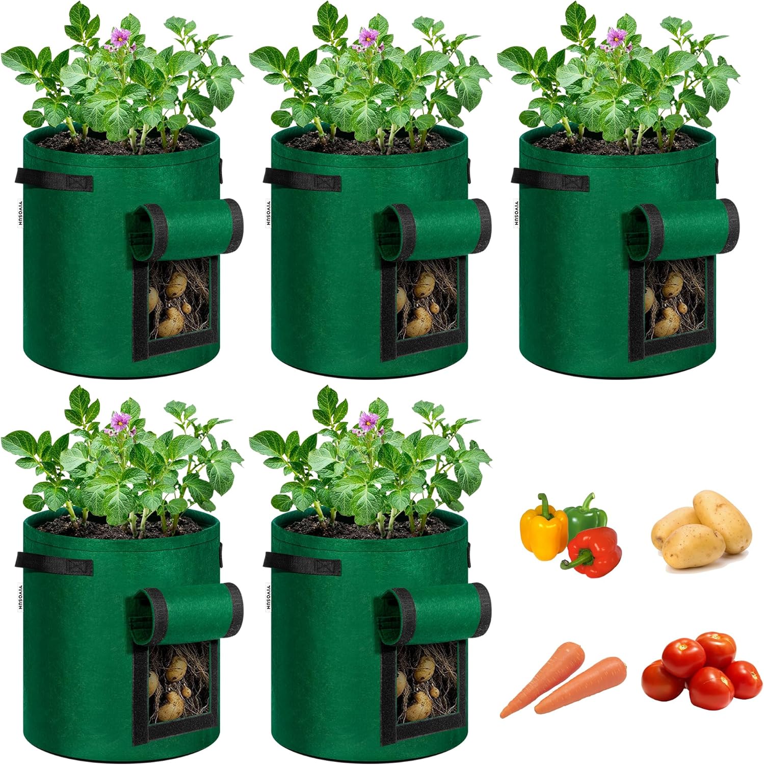VIVOSUN 5-Pack 7 Gallon Potato Grow Bags, Roll-up Harvest Window