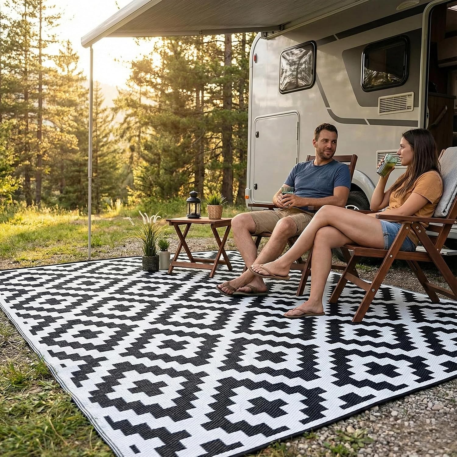 FH Home Outdoor Camping Rug - Waterproof, Fade Resistant, Reversible - Premium Recycled Plastic - Striped - Large Patio, Deck, Sunroom