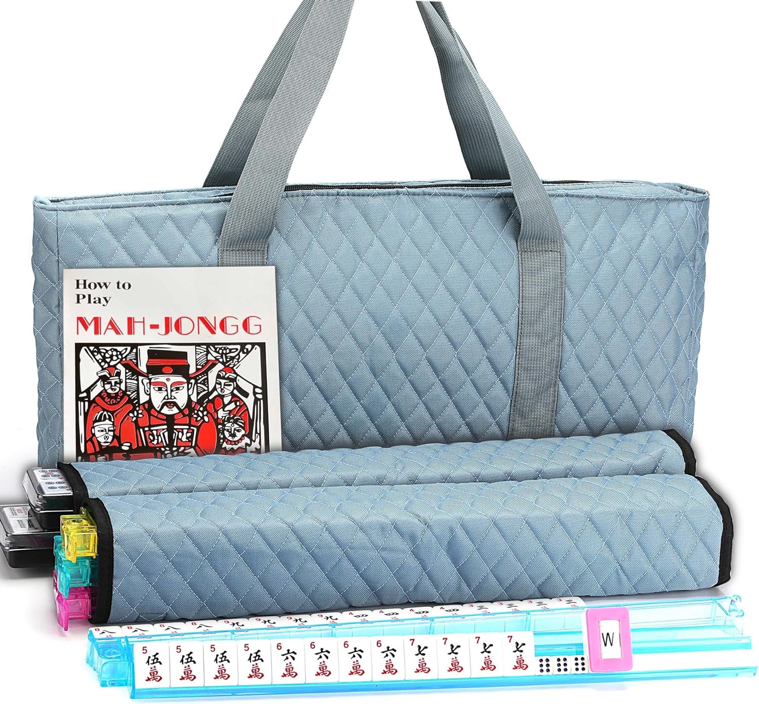 American Mahjong Game Set - Black Quilted Soft Bag 166 Premium Tiles with 4 All-in-One Rack/Pushers,100 Chips, Wind Indicator, English Manual. Easy Carry Complete Classic Mah-Jongg Set