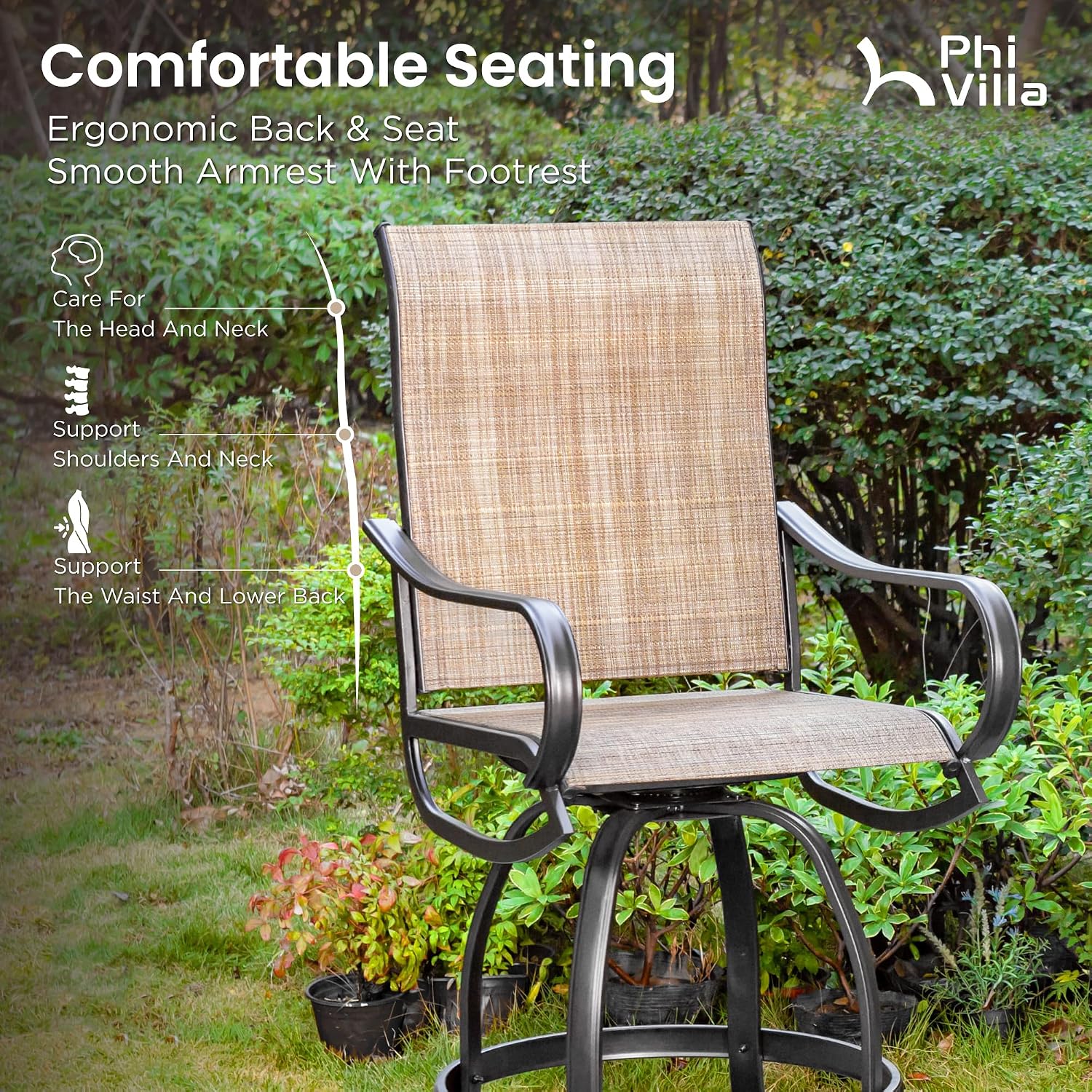 PHI VILLA Outdoor Bar Set 3 PCS Patio Bistro Table & Swivel Stools