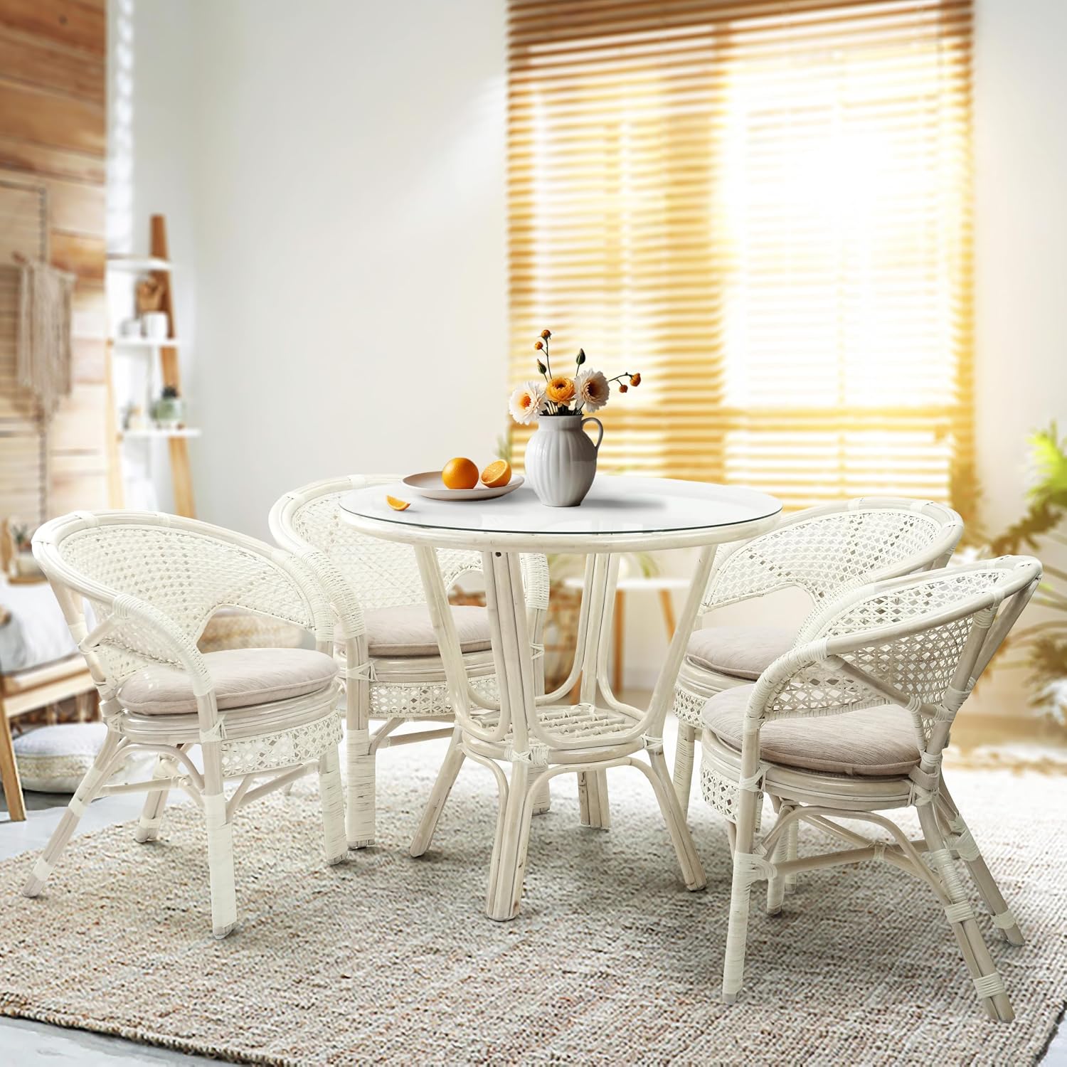 Pelangi Handmade Rattan Dining Wicker Chair Colonial Color w/Cream Cushion