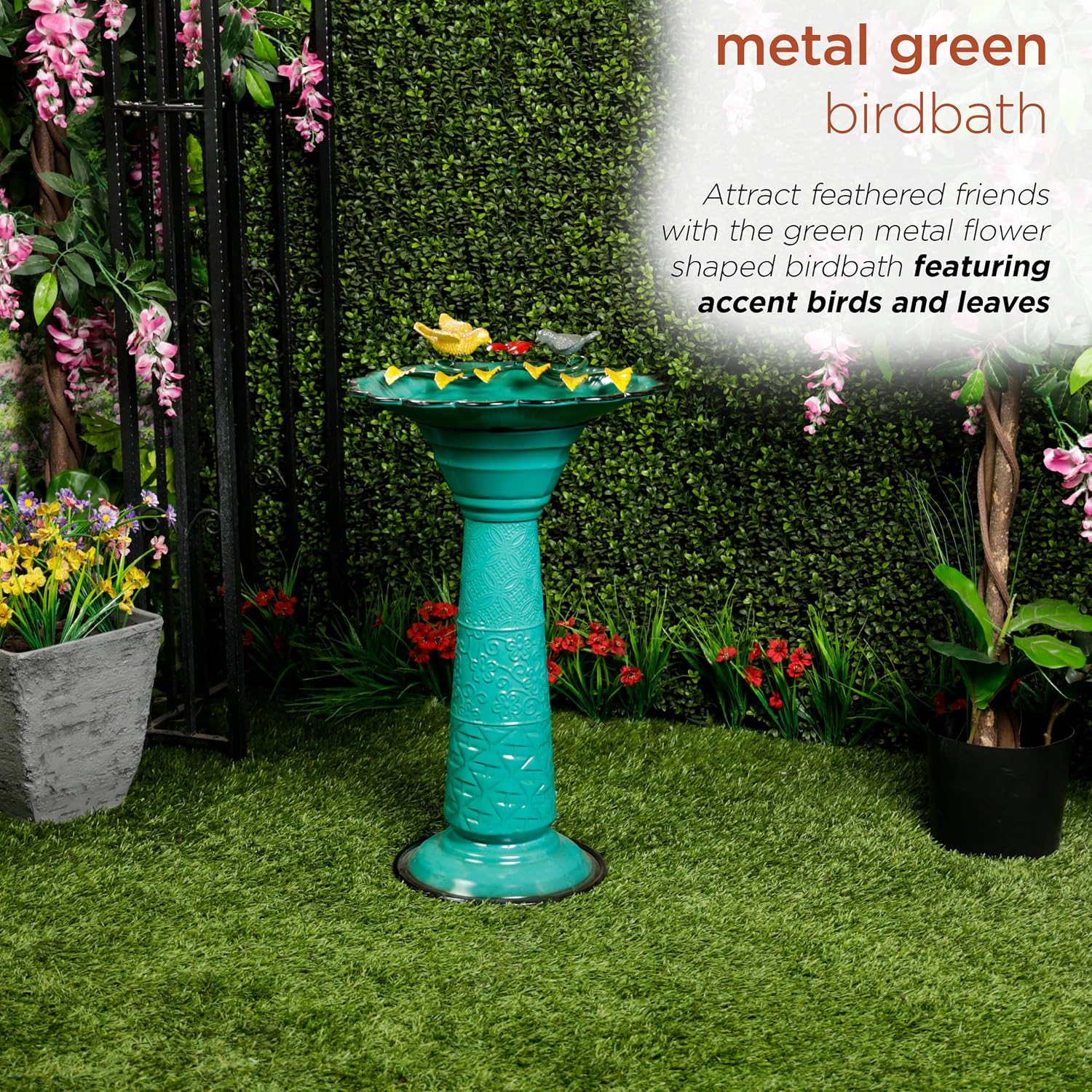 Alpine Corporation - 28" Tall Outdoor Metal Birdbath with Birds and Leaves Yard Statue Decoration, Red – Stunning Garden Accent to Attract Birds - Durable Construction for Patio, Deck, or Yard